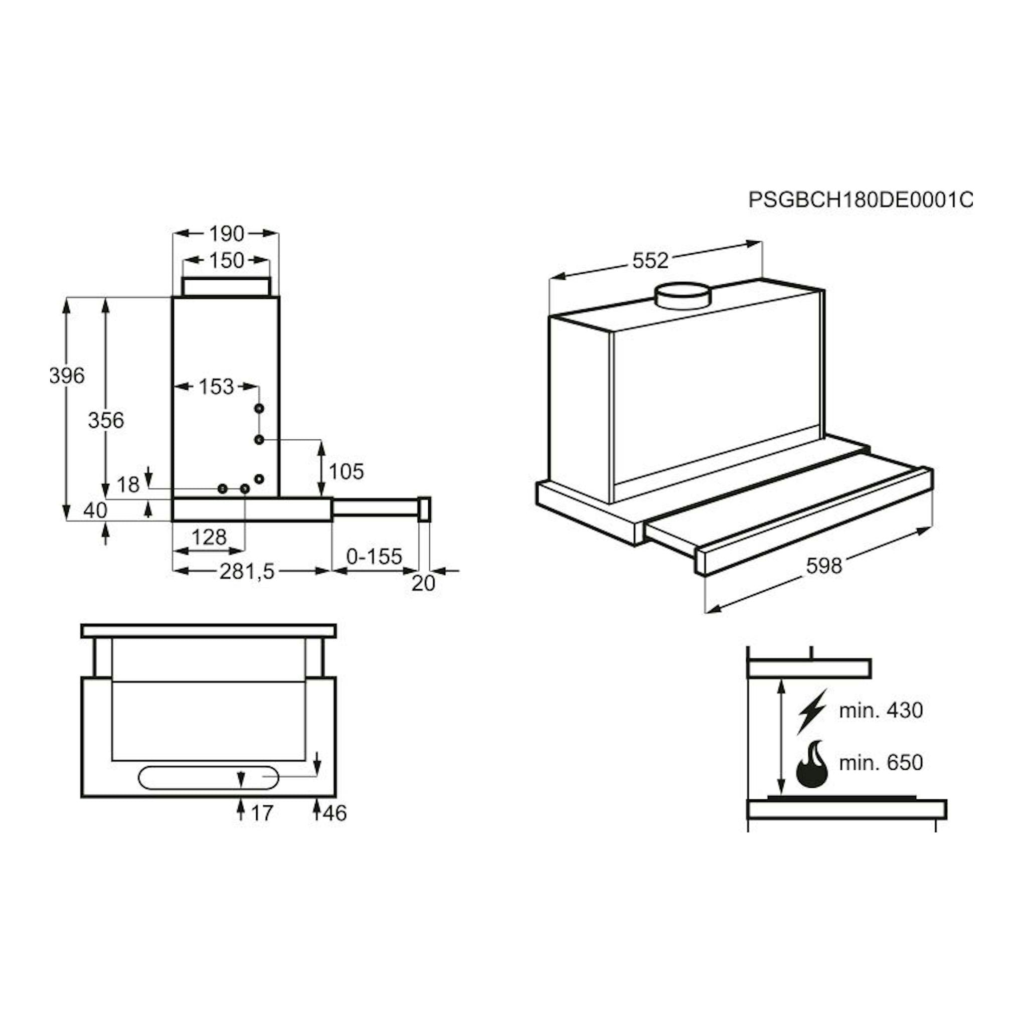 Campana Electrolux LFP416X en dibujo técnico, vista lateral y frontal, inox, con cotas y medidas.