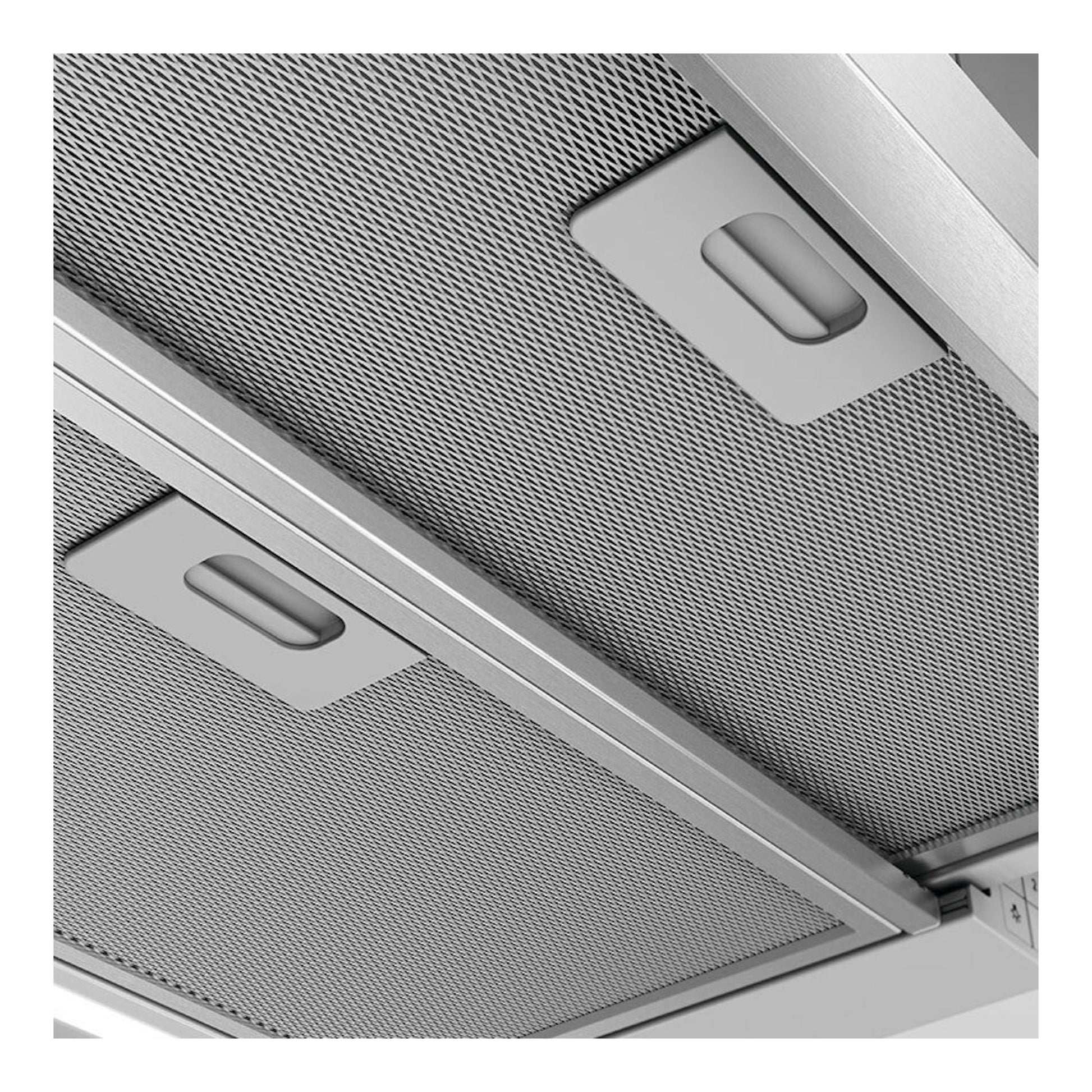 Campana Electrolux LFP416X de acero inoxidable, vista inferior en primer plano con filtros metálicos.
