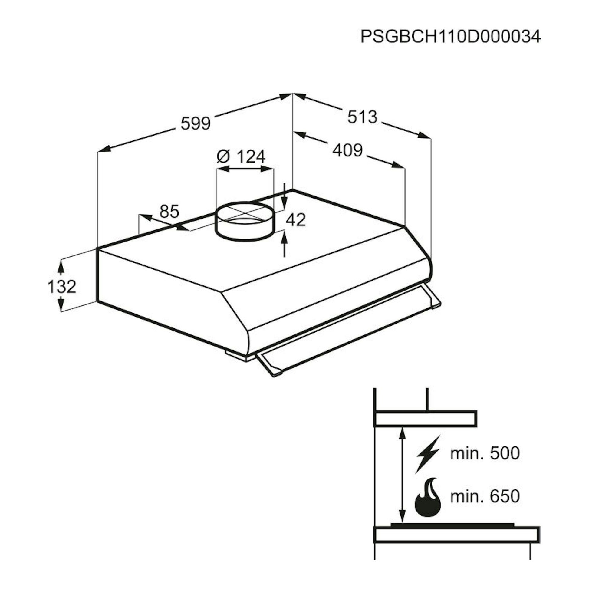 Campana Electrolux LFU226W blanca, dibujo técnico en vista isométrica con medidas y distancias mínimas.