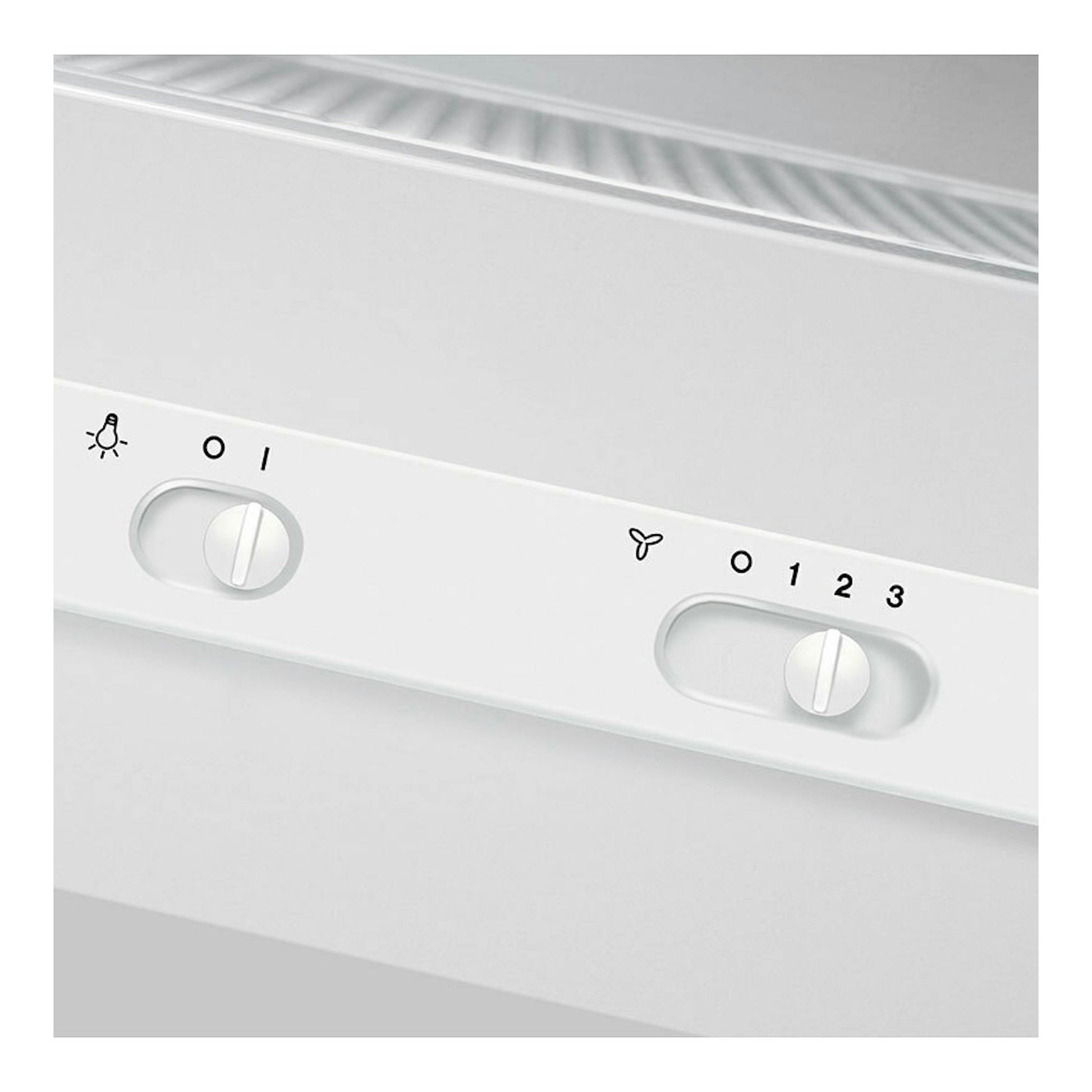 Campana Electrolux LFU226W blanca, vista frontal inclinada, con dos mandos giratorios y controles de luz y ventilación.