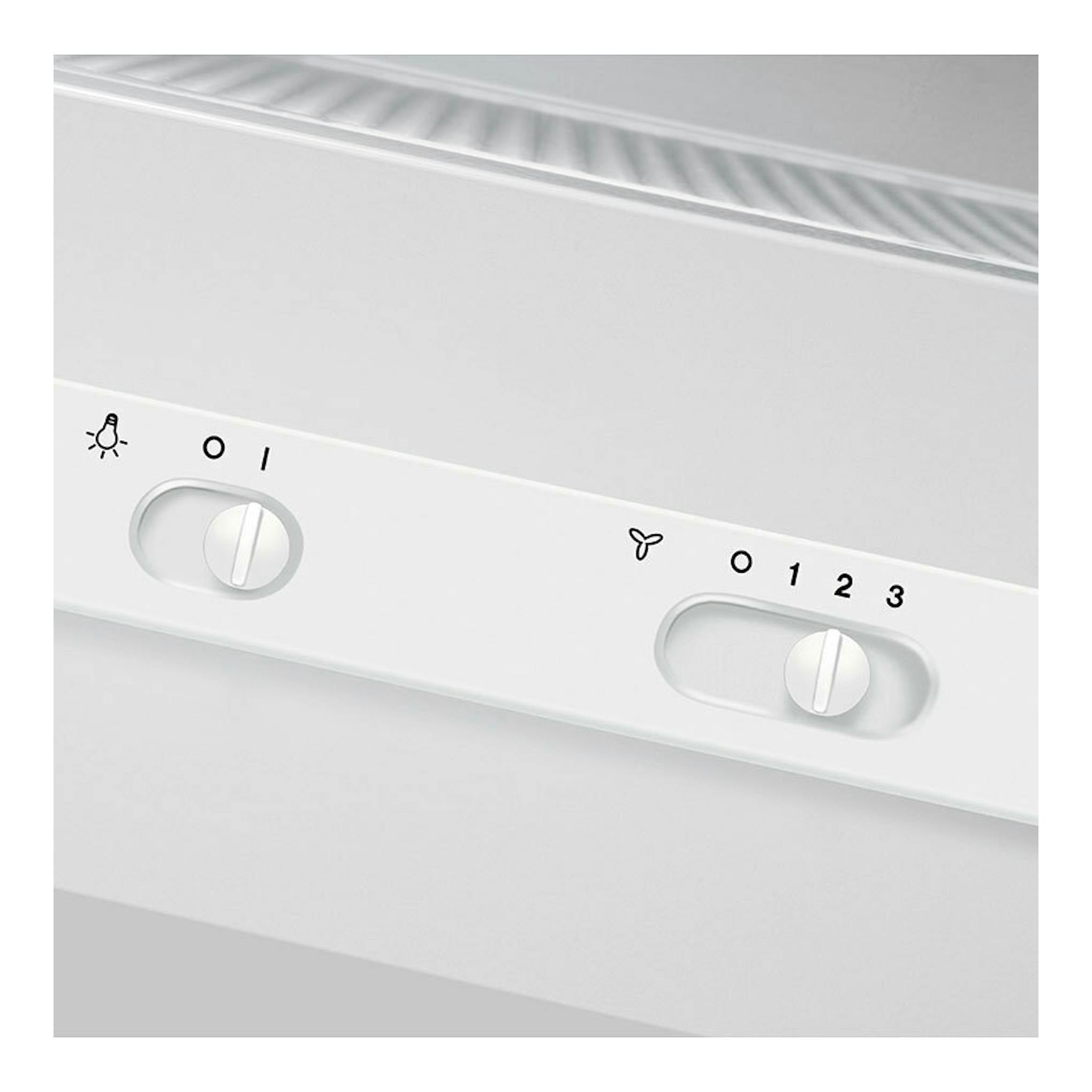 Campana Electrolux LFU226W blanca, vista frontal inclinada, con dos mandos giratorios y controles de luz y ventilación.