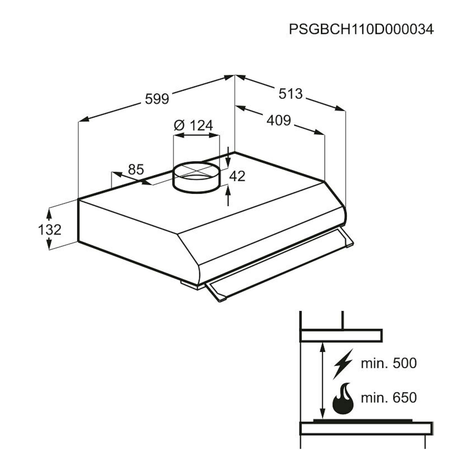 Campana Electrolux LFU226X inox, dibujo técnico en vista isométrica con medidas y esquema de instalación.