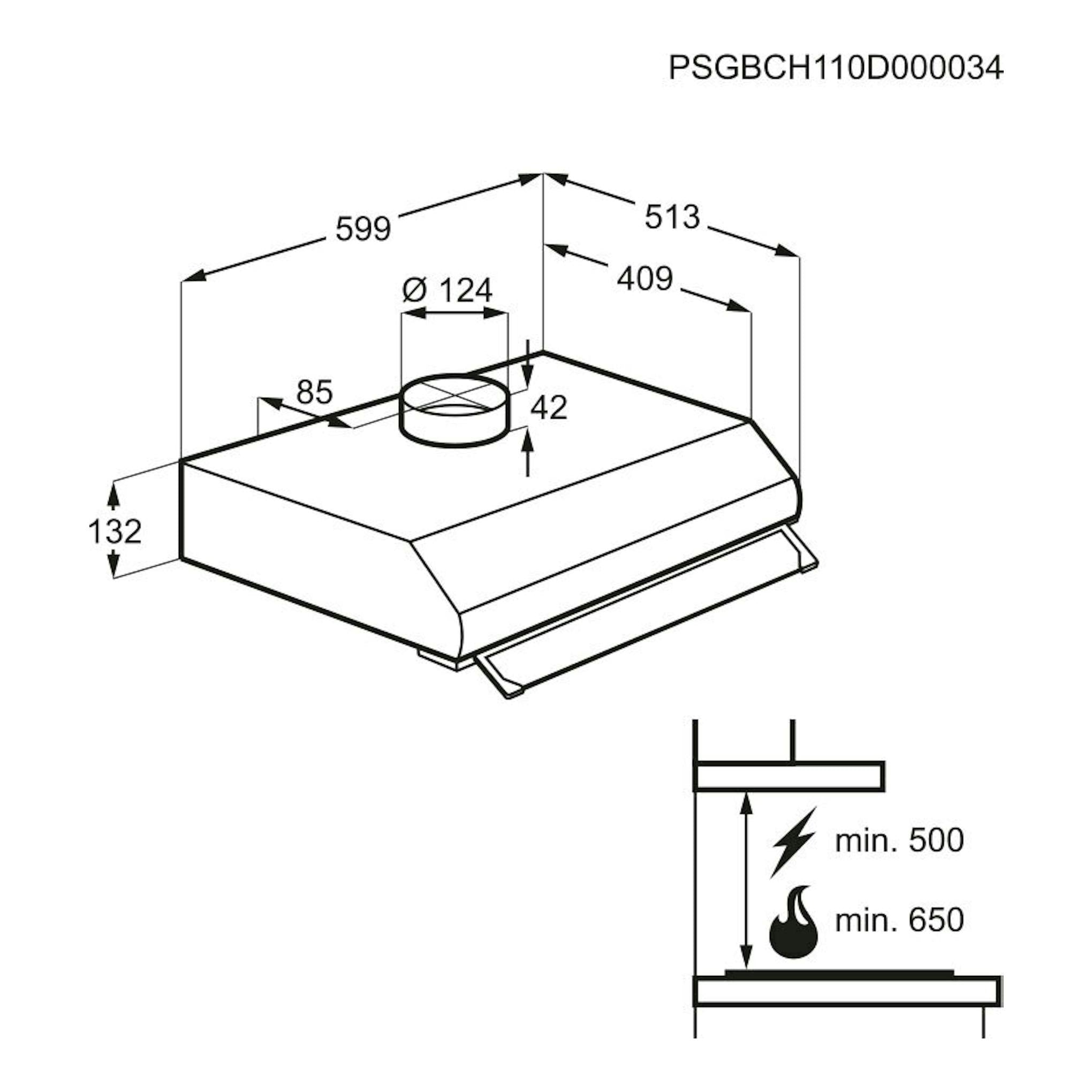 Campana Electrolux LFU226X inox, dibujo técnico en vista isométrica con medidas y esquema de instalación.