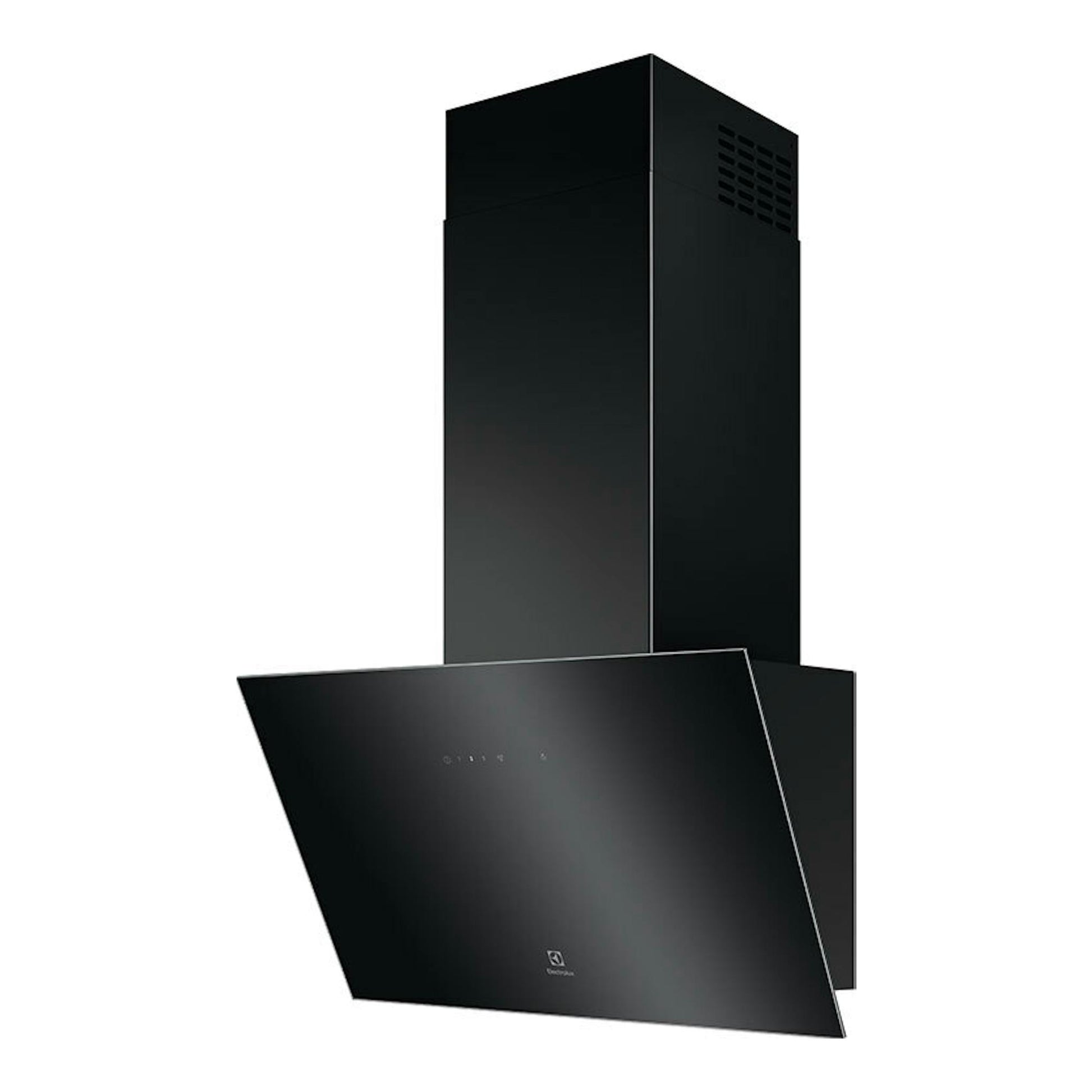 Campana extractora Electrolux LFV436K negra, vista frontal en ángulo, con chimenea y panel inclinado.