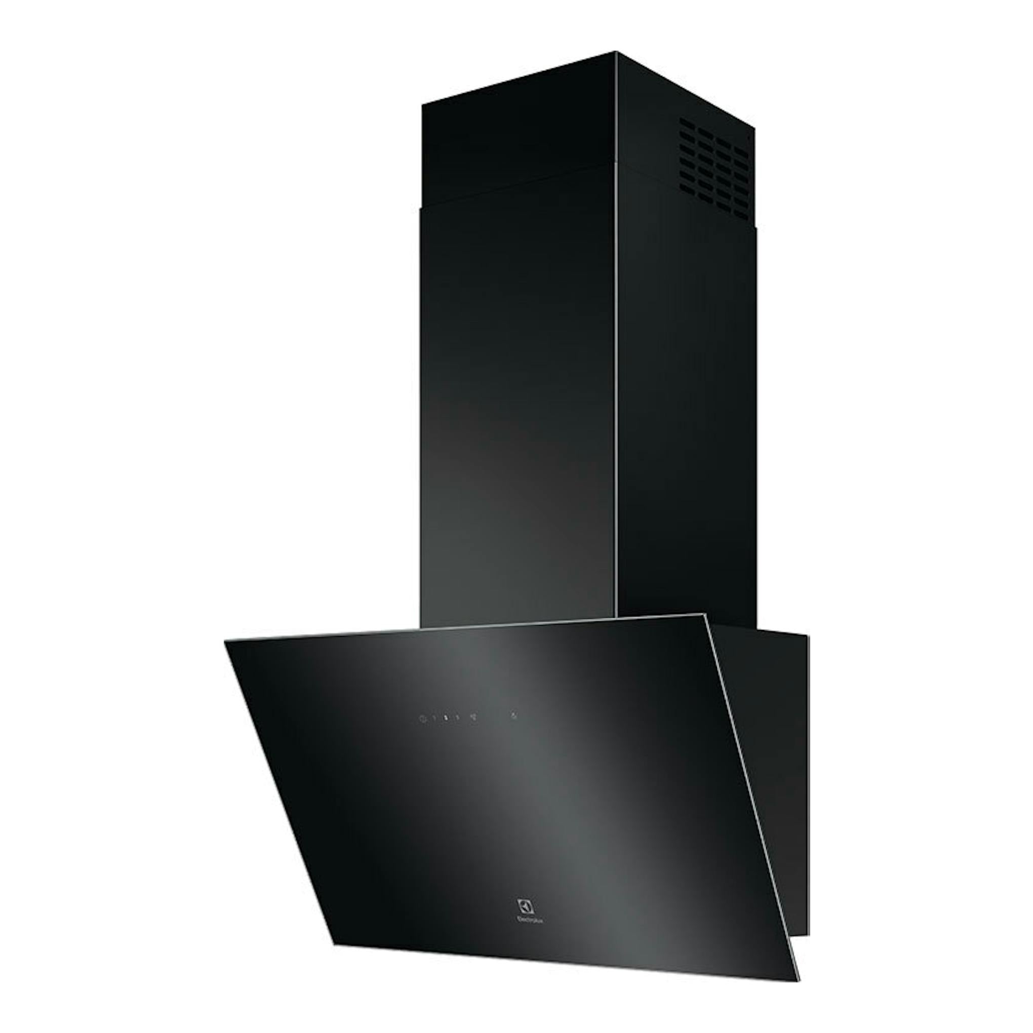 Campana extractora Electrolux LFV436K negra, vista frontal en ángulo, con chimenea y panel inclinado.