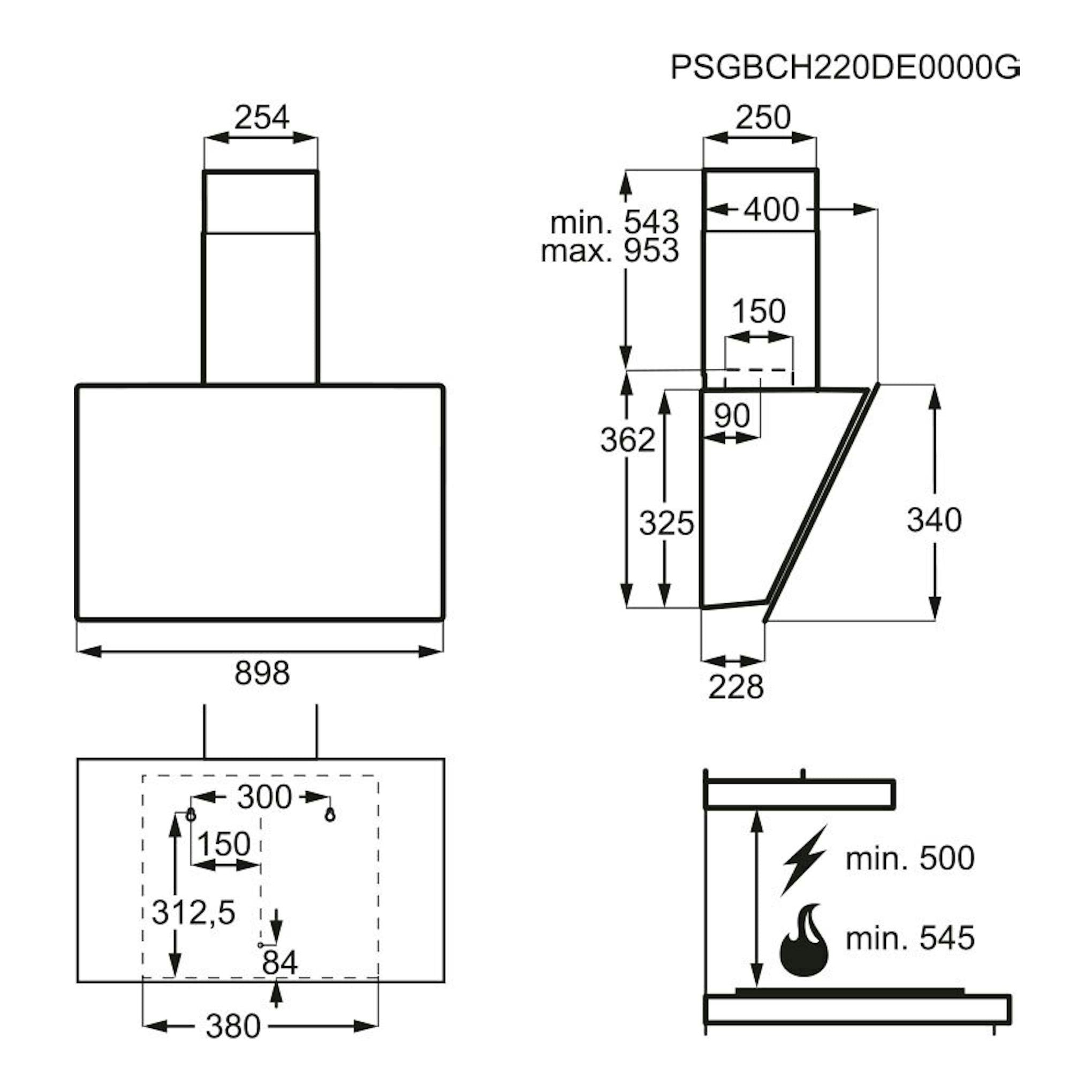 Esquema técnico de campana Electrolux LFV439K negra, con vistas frontal, lateral y superior y medidas.