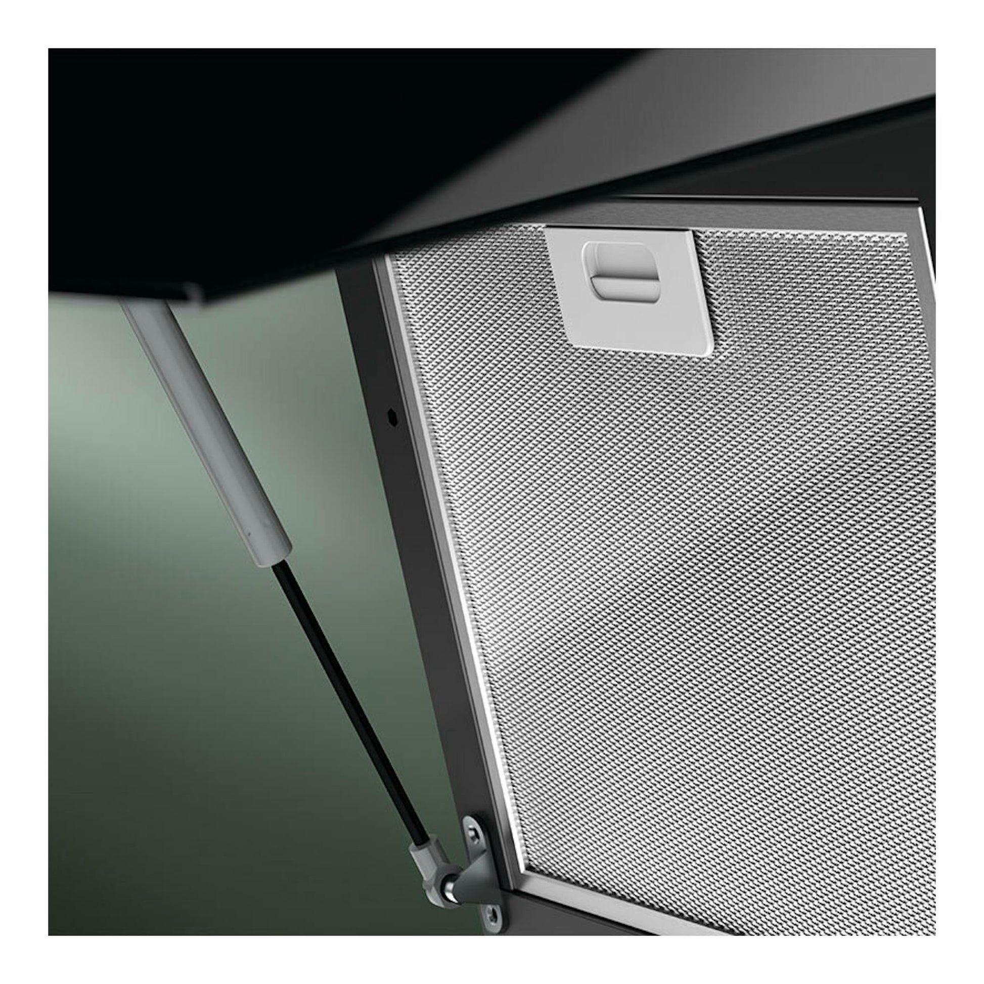 Campana extractora Electrolux LFV439K negra, vista inferior con filtro metálico y brazo de soporte.