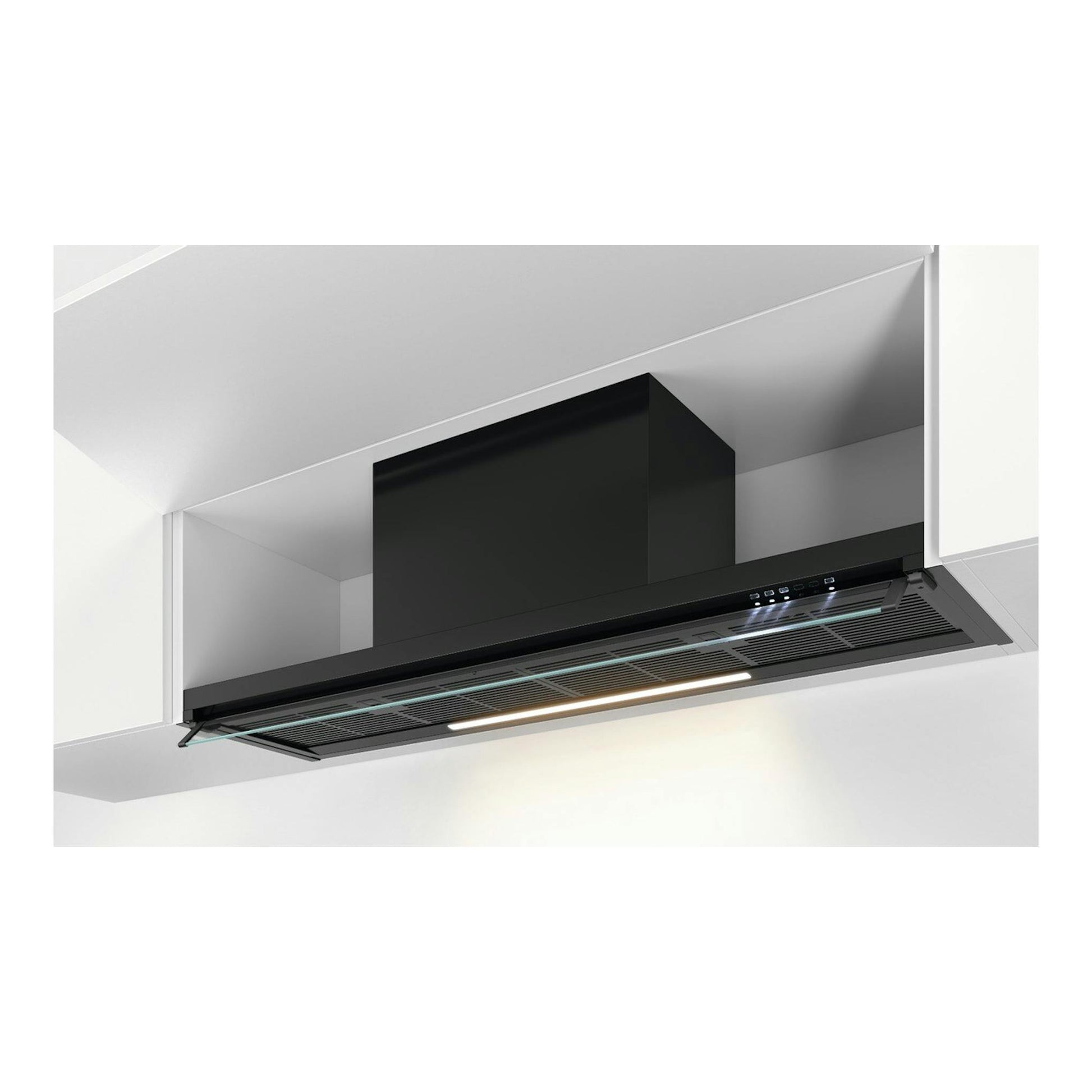 Campana extractora AEG GE68D2HB negra, integrada en mueble, vista frontal inclinada, con luces encendidas.