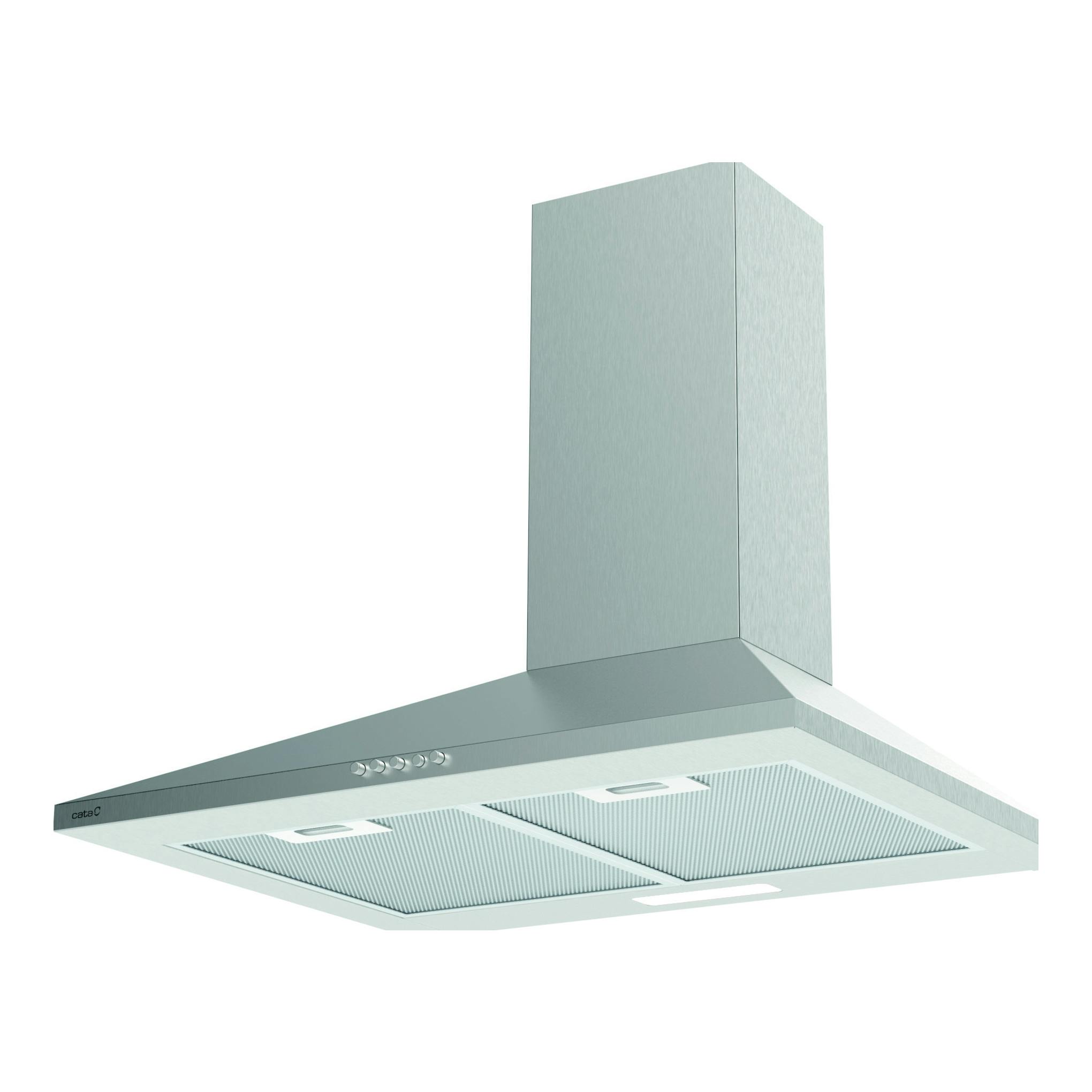 Campana extractora Cata VK 6000 X +FCA, inox, vista frontal inferior con chimenea y filtros metálicos.