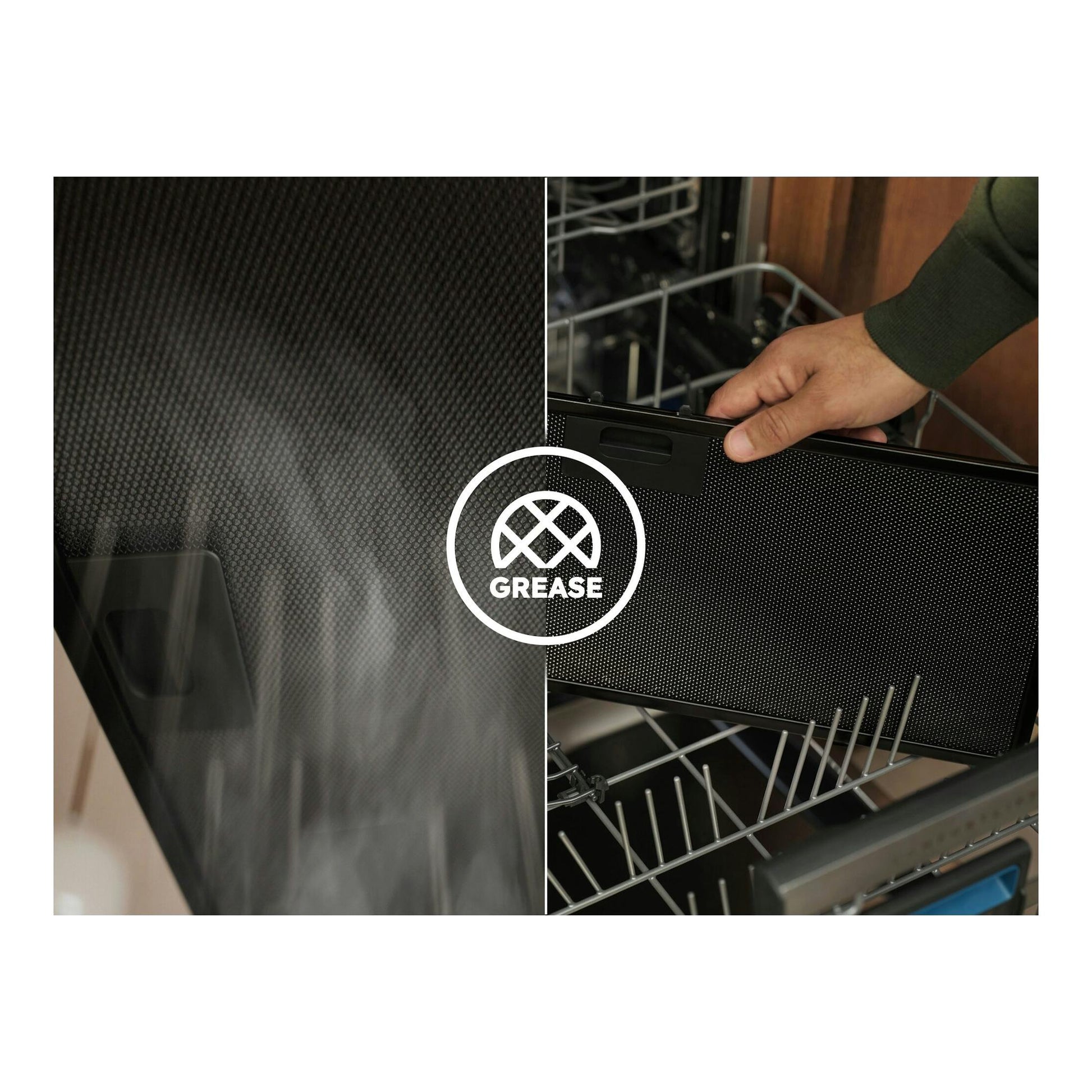 Electrolux LFC516X: filtro antigrasa negro en primer plano, retirado con la mano y colocado en lavavajillas.