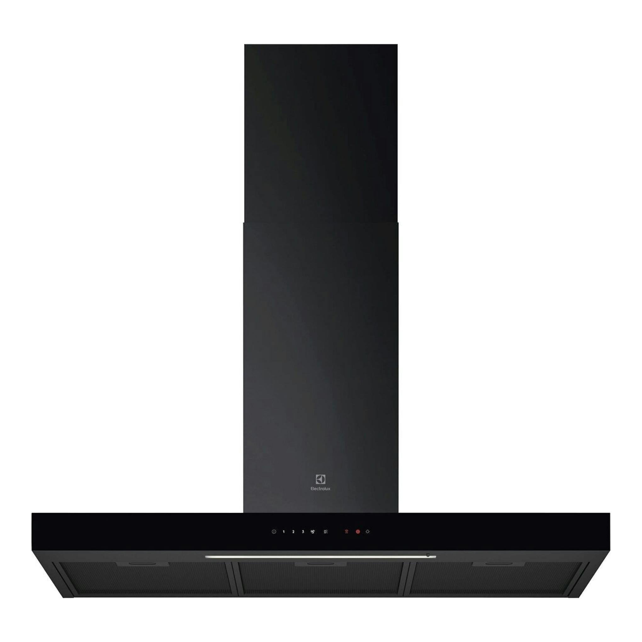 Campana extractora Electrolux LFT819K negra, vista frontal con panel vertical y controles táctiles.