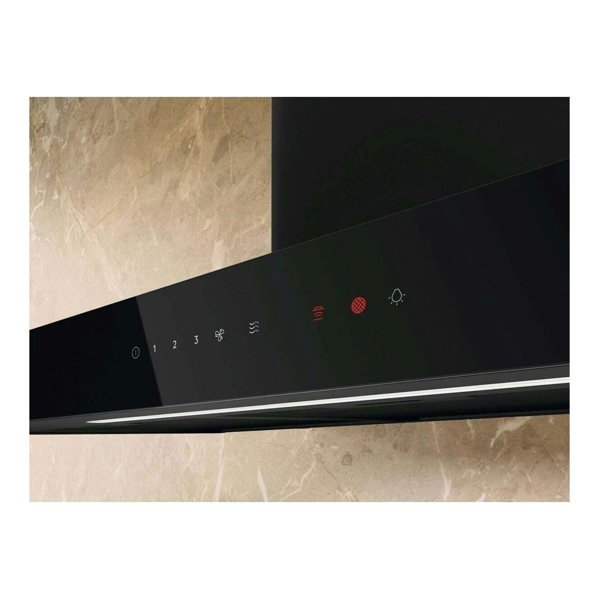 Campana extractora decorativa Electrolux LFT819K negra, vista frontal inclinada, con panel táctil iluminado.