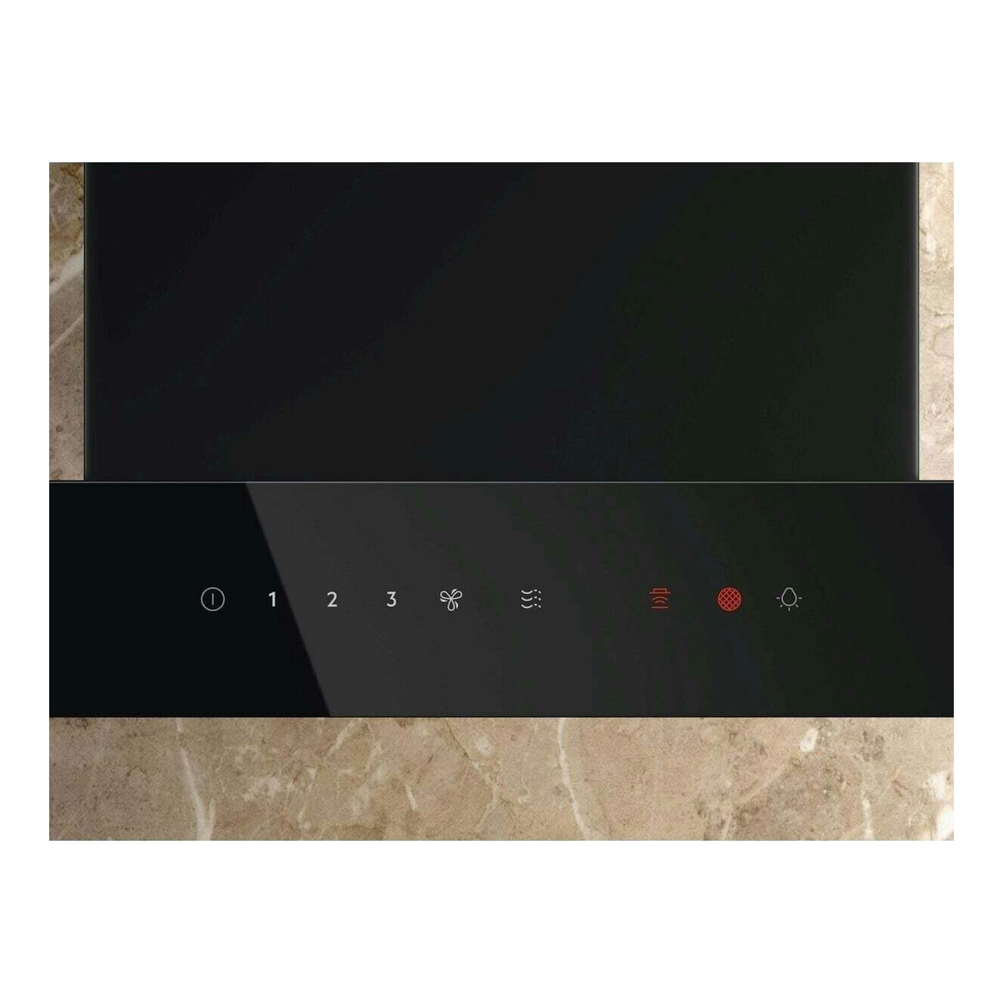 Campana extractora decorativa Electrolux LFT819K negra, vista frontal con panel táctil e iconos.