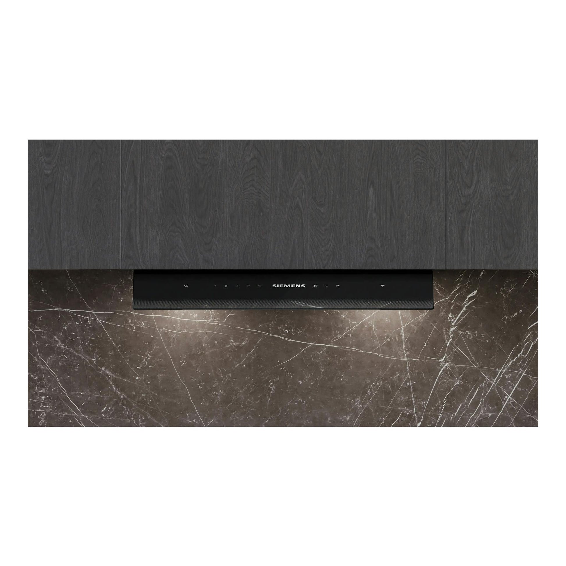 Campana extractora Siemens LJ68BET60 integrada, frontal, negro mate, bajo armarios de cocina.