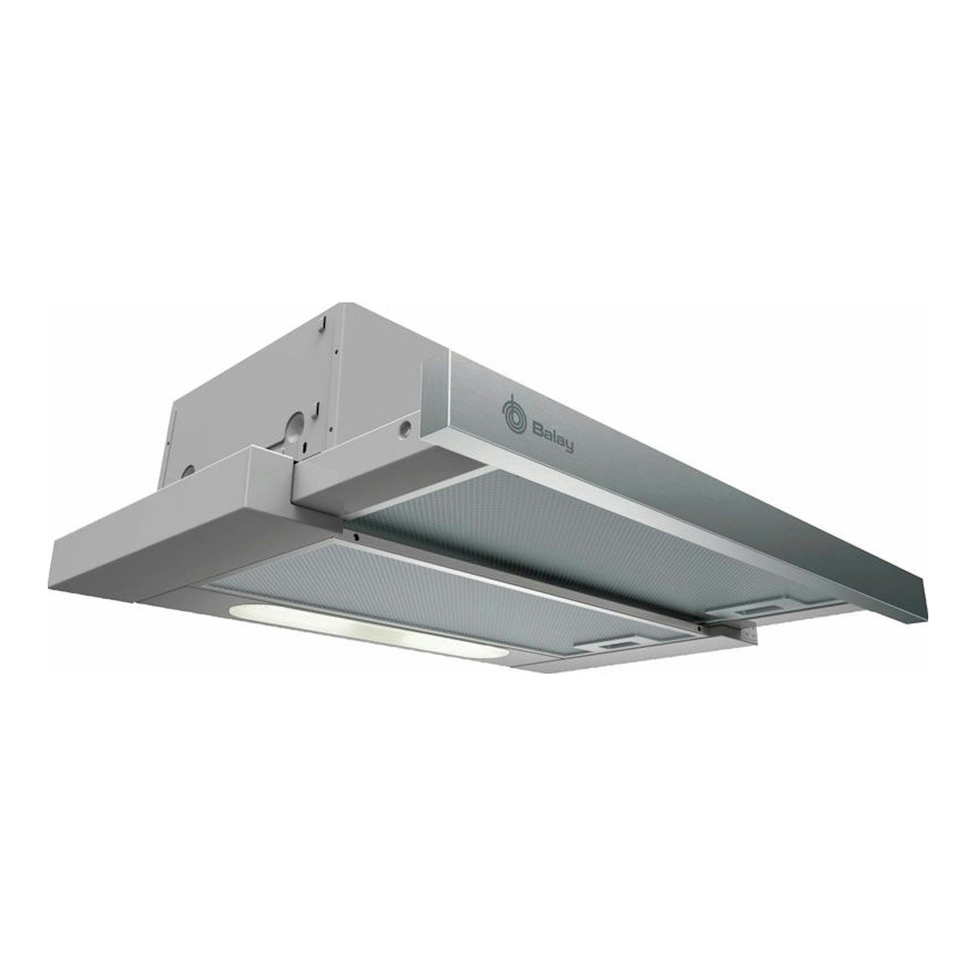 Campana extraíble Balay 3BT262MX de acero inox, vista inferior en ángulo, con frontal extensible.