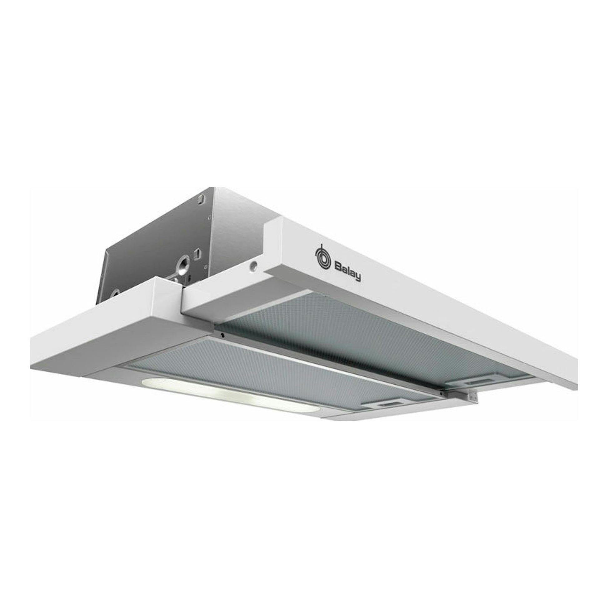 Campana extraíble Balay 3BT263MB blanca, vista inferior en ángulo, con panel extendido.
