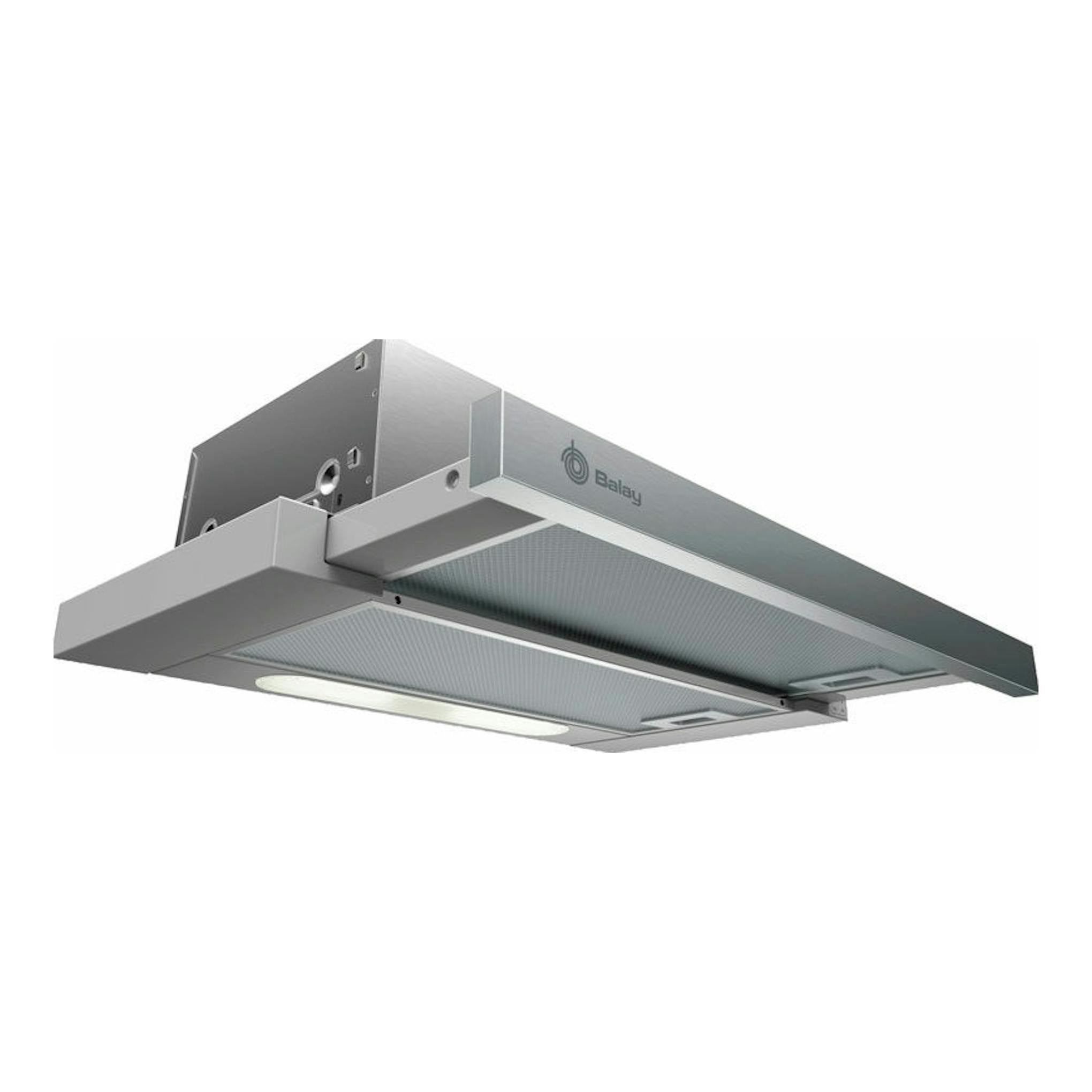 Campana extraíble Balay 3BT263MX inox, vista inferior en ángulo, parcialmente extendida.