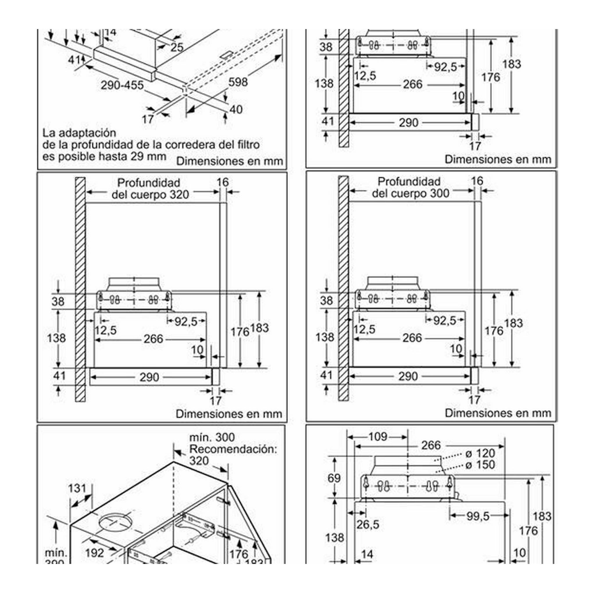 Diagrama técnico de dimensiones de la campana extraíble Balay 3BT264MX inox, con vistas laterales y frontal.