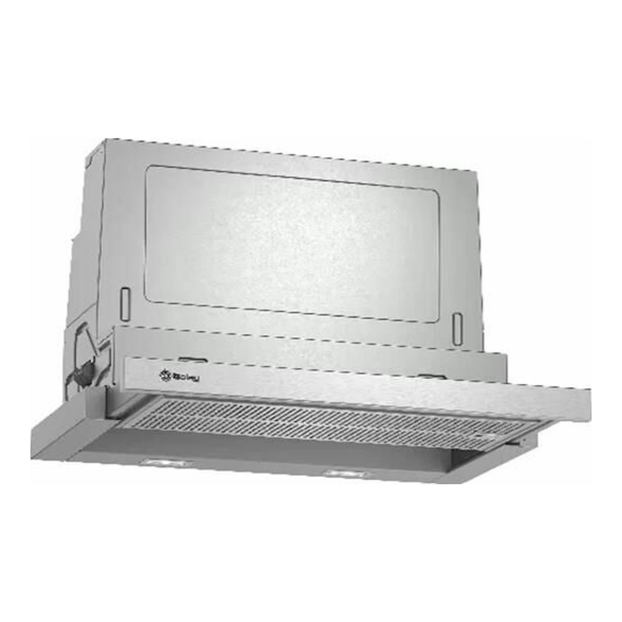 Campana extraíble Balay 3BT267MX en inox, vista frontal en tres cuartos, con panel extensible.