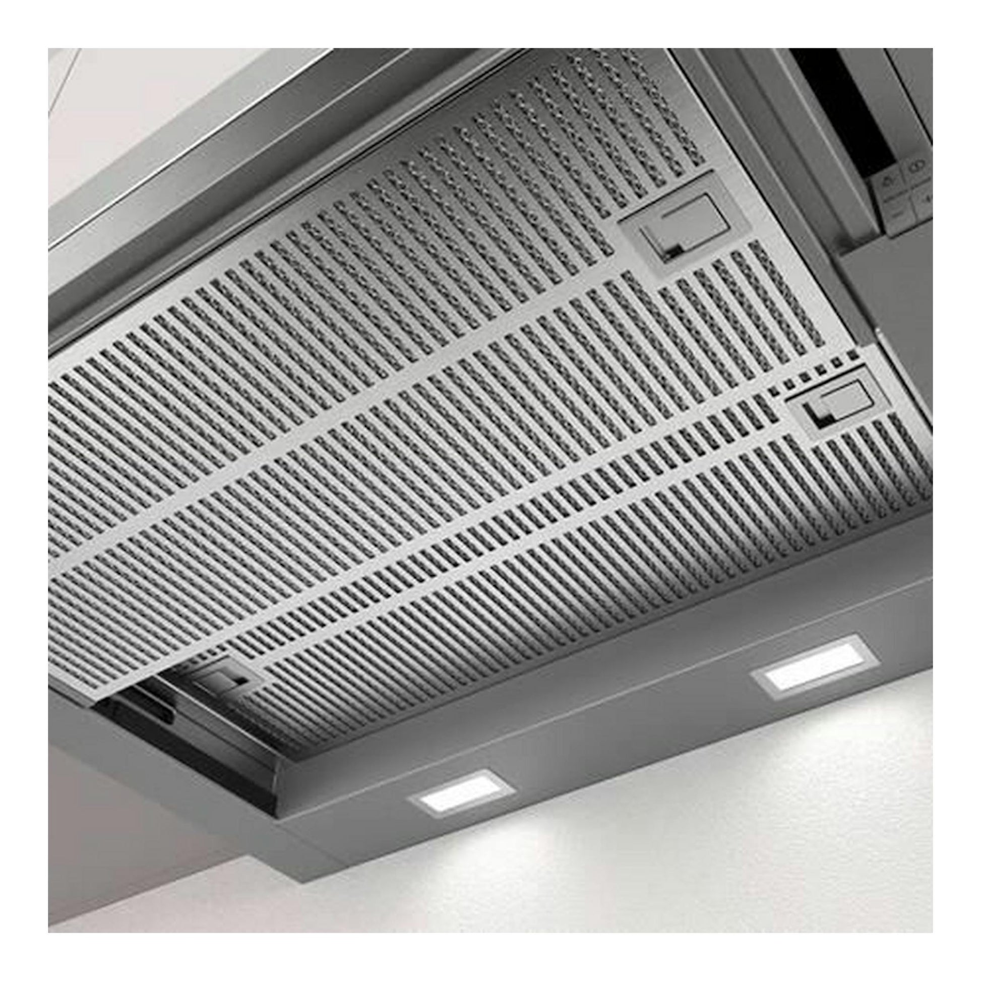 Campana extraíble Balay 3BT267MX inox, vista inferior con filtros metálicos y luz LED.