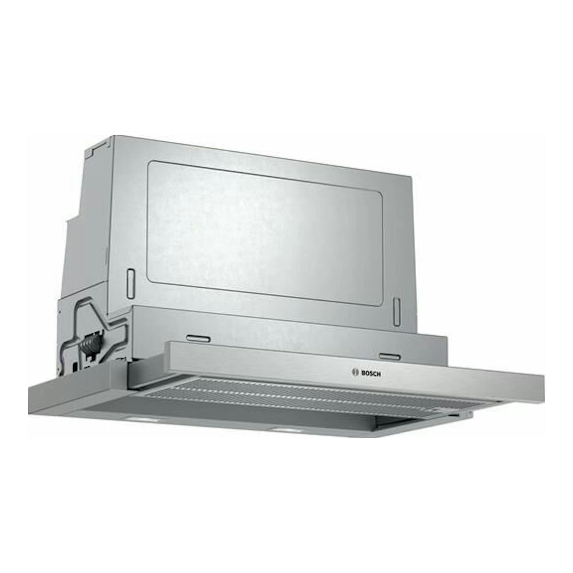 Campana extraíble Bosch DFS067A51 inox, vista frontal en tres cuartos, con panel telescópico.