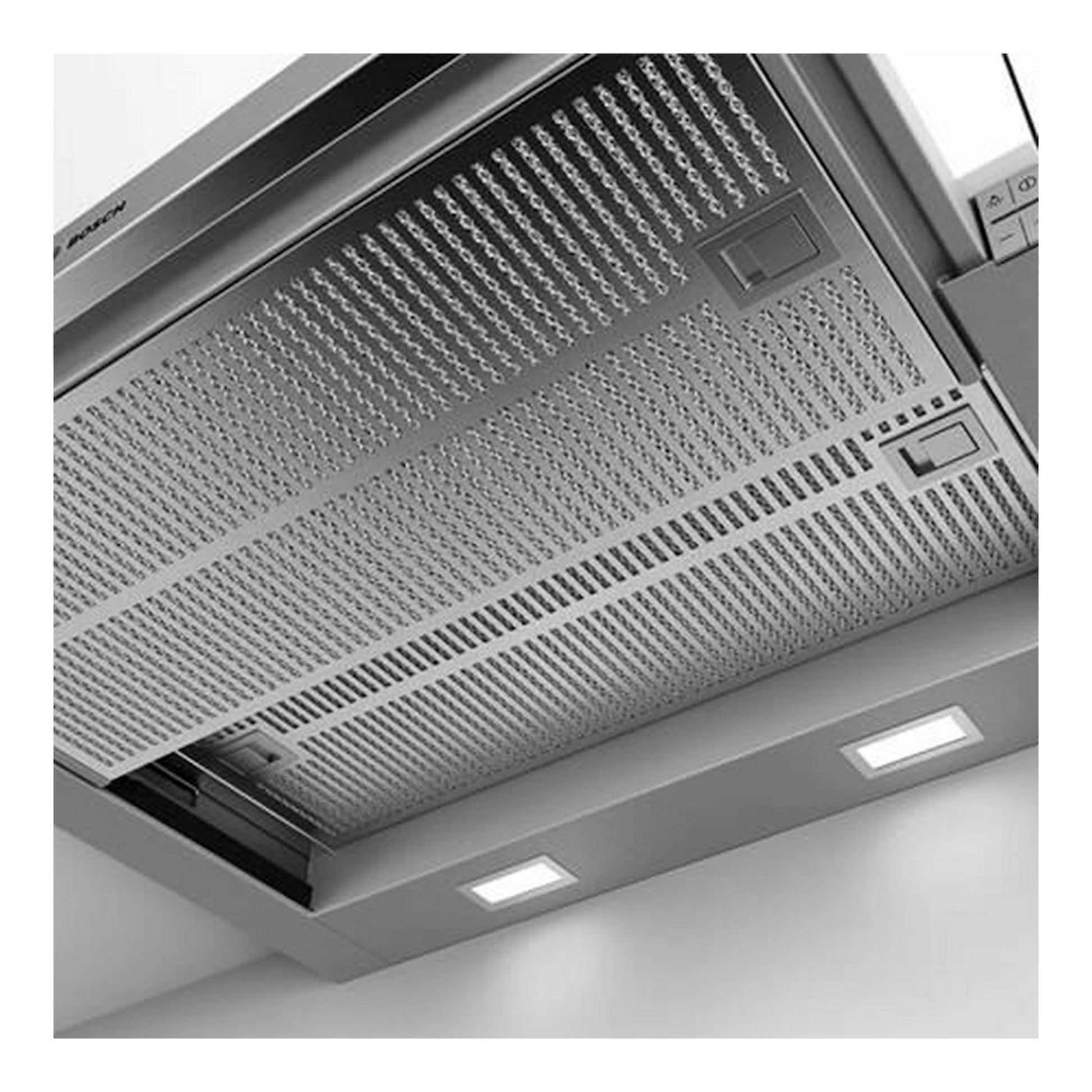 Campana extractora extraíble Bosch DFS067A51 inox, vista inferior en ángulo, con filtros metálicos y luces LED.