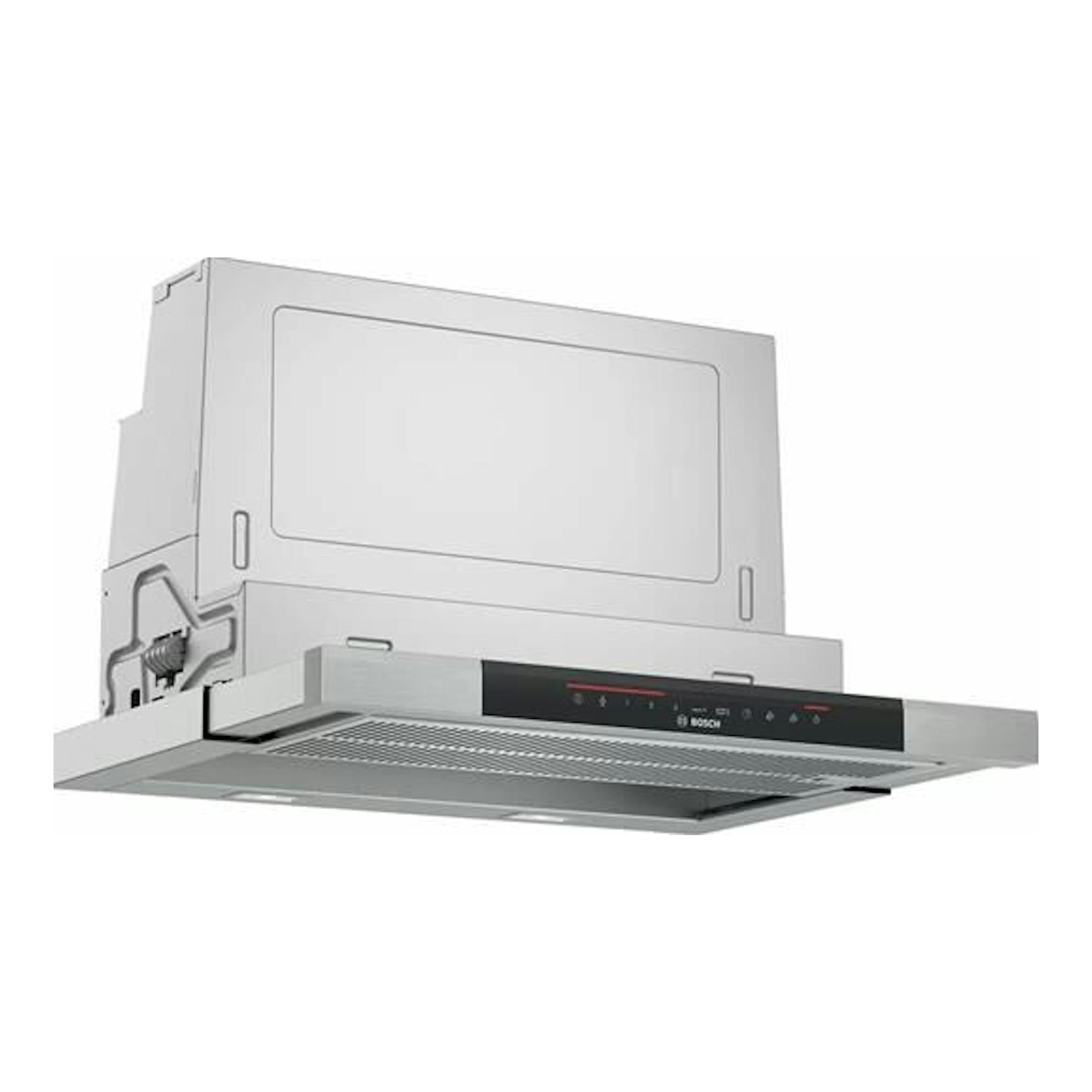 Campana extraíble Bosch DFS067K51 inox, vista frontal inclinada con panel y filtros metálicos.
