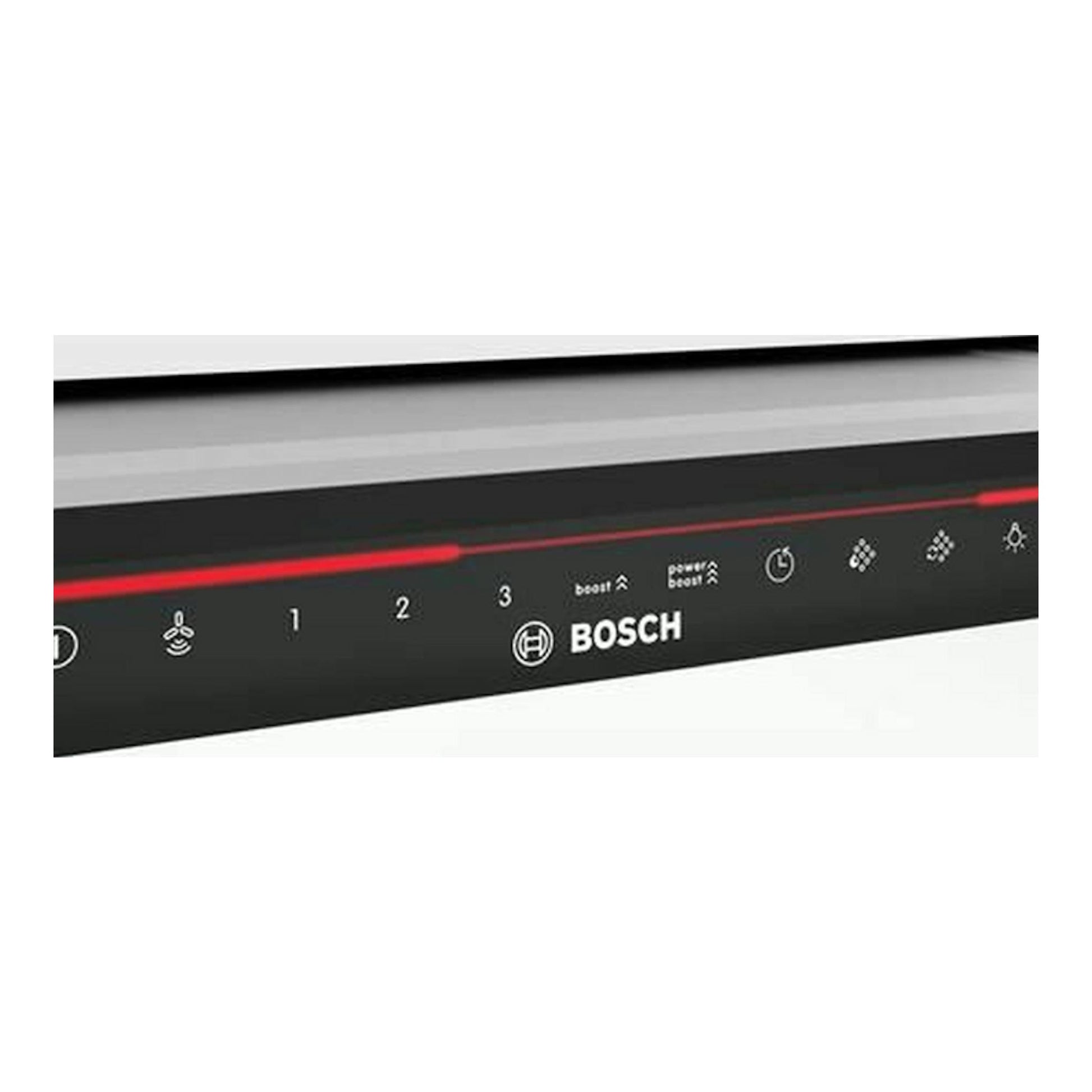 Campana extraíble Bosch DFS067K51 inox, vista frontal parcial del panel negro con controles y franja roja.