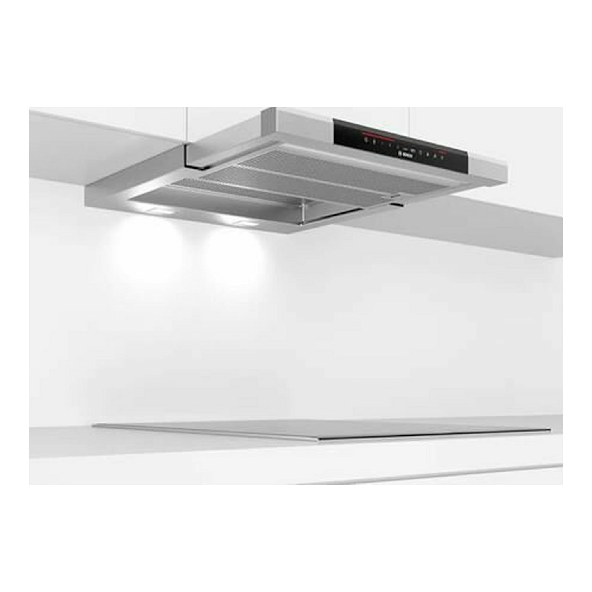 Campana extraíble Bosch DFS067K51 inox, vista inferior, integrada bajo mueble, con panel negro.