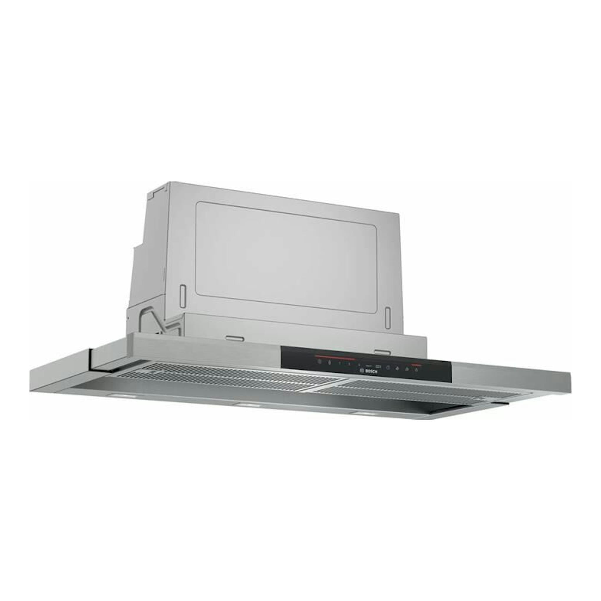 Campana extractora extraíble Bosch DFS097K51 en inox, vista frontal en ángulo, con panel extensible.