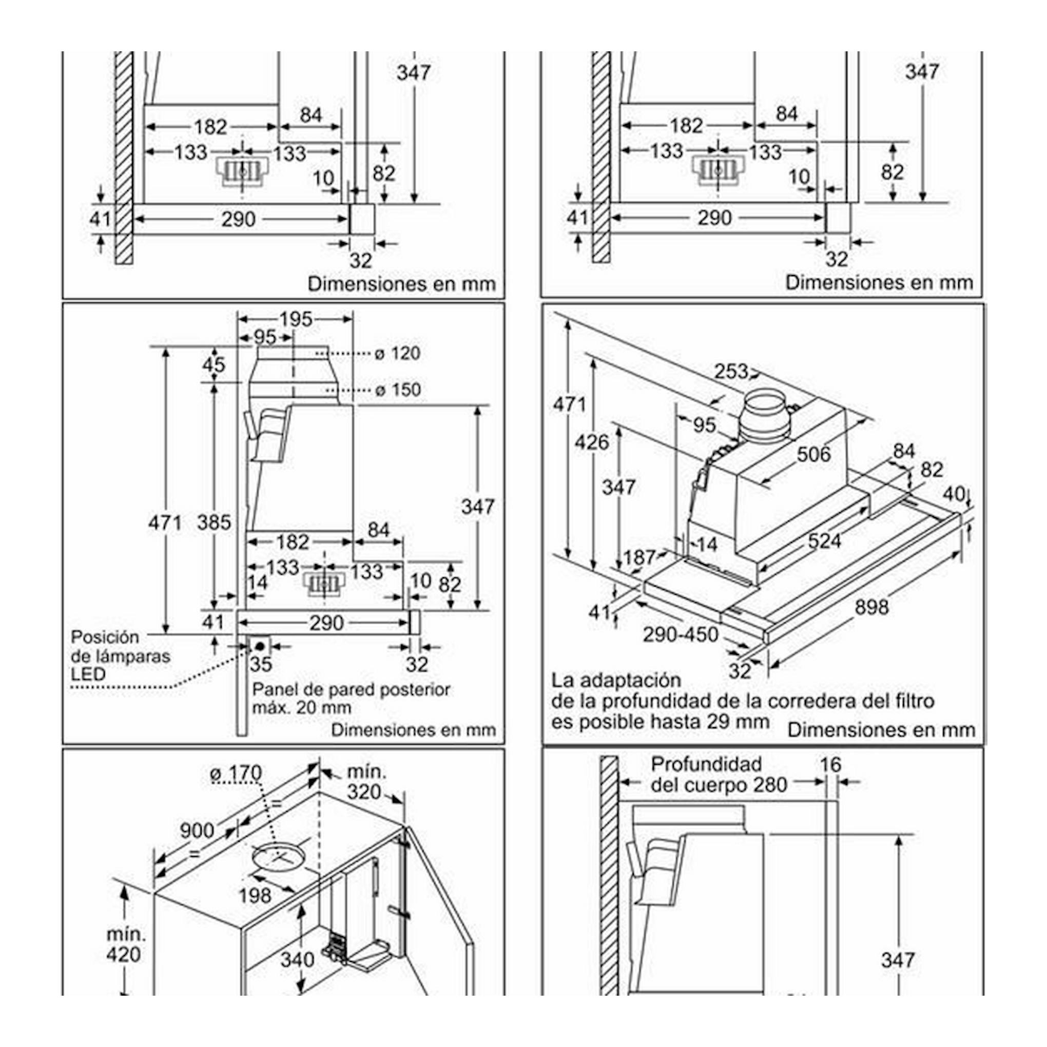 Esquema técnico de campana extraíble Bosch DFS097K51 Inox con vistas frontal, lateral e isométrica y medidas.