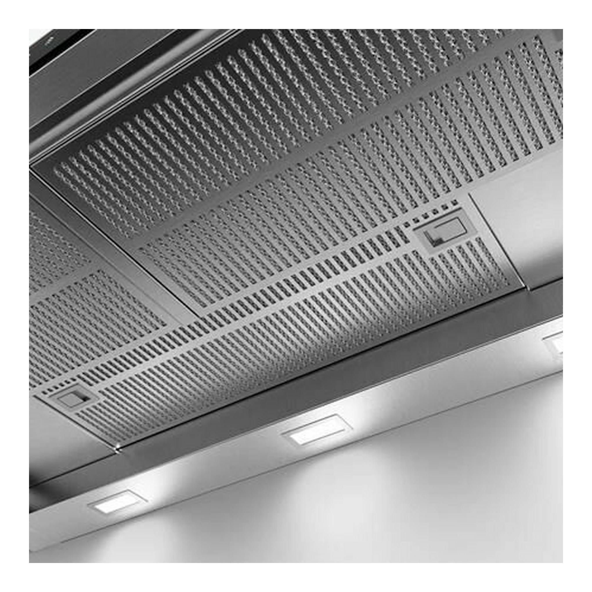Campana extractora Bosch DFS097K51 inox, vista inferior con filtros metálicos y luces LED.