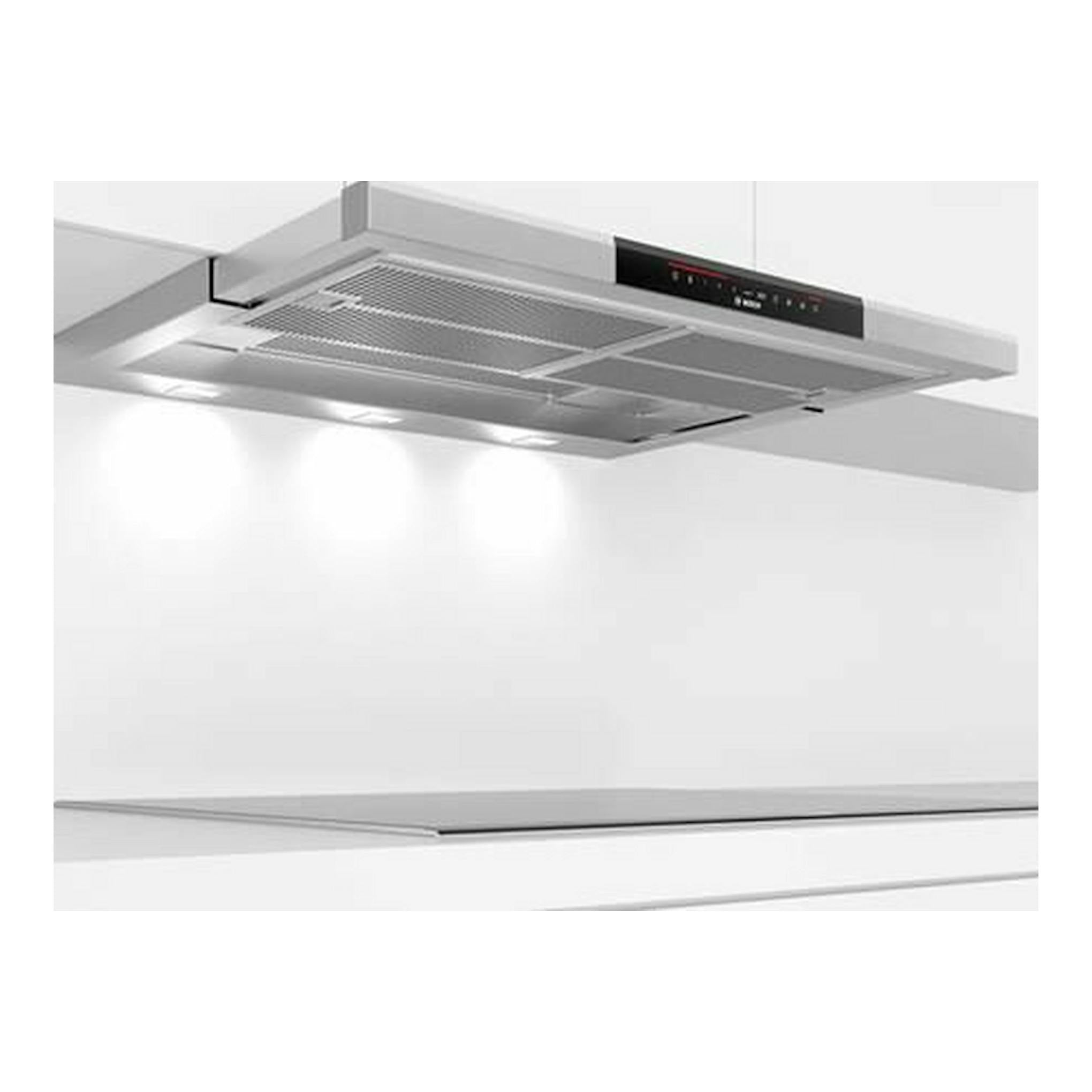 Campana extraíble Bosch DFS097K51 inox, vista inferior, con panel de control frontal y filtros visibles.