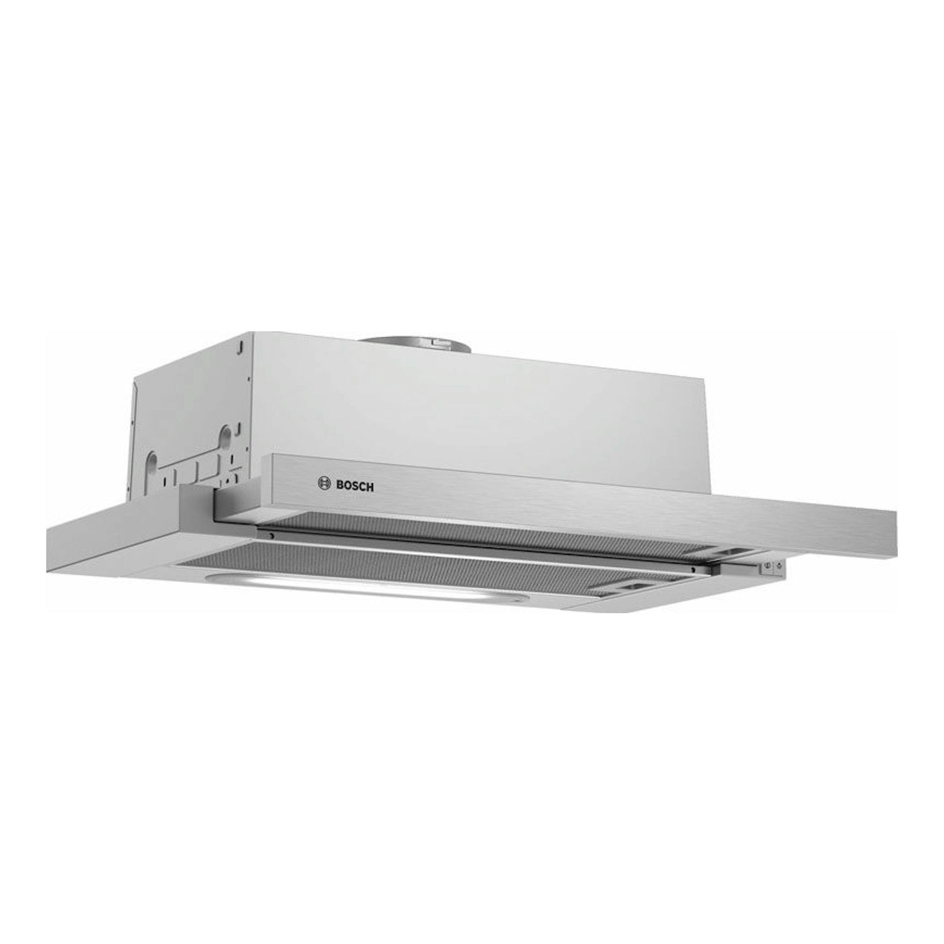 Campana extractora retráctil Bosch DFT63AC50 de acero inoxidable, vista frontal en ángulo.