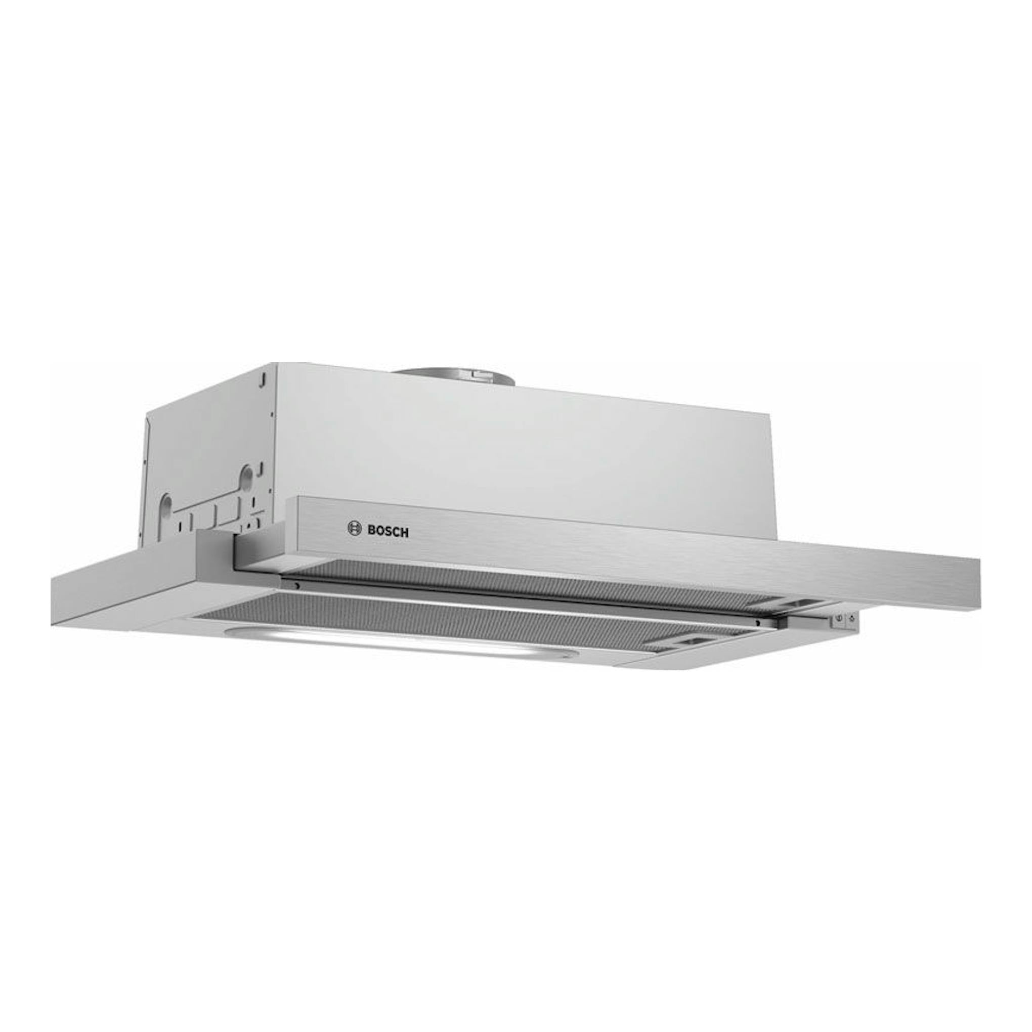 Campana extractora retráctil Bosch DFT63AC50 de acero inoxidable, vista frontal en ángulo.