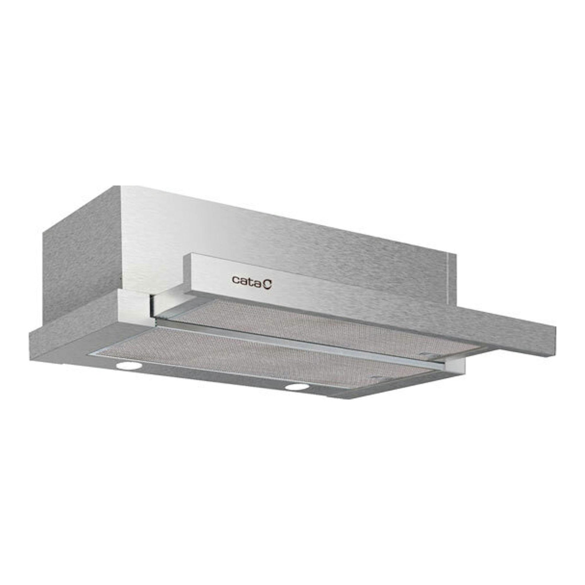 Campana extraíble Cata EXTENDER 600 X en inox, vista en perspectiva frontal inferior.