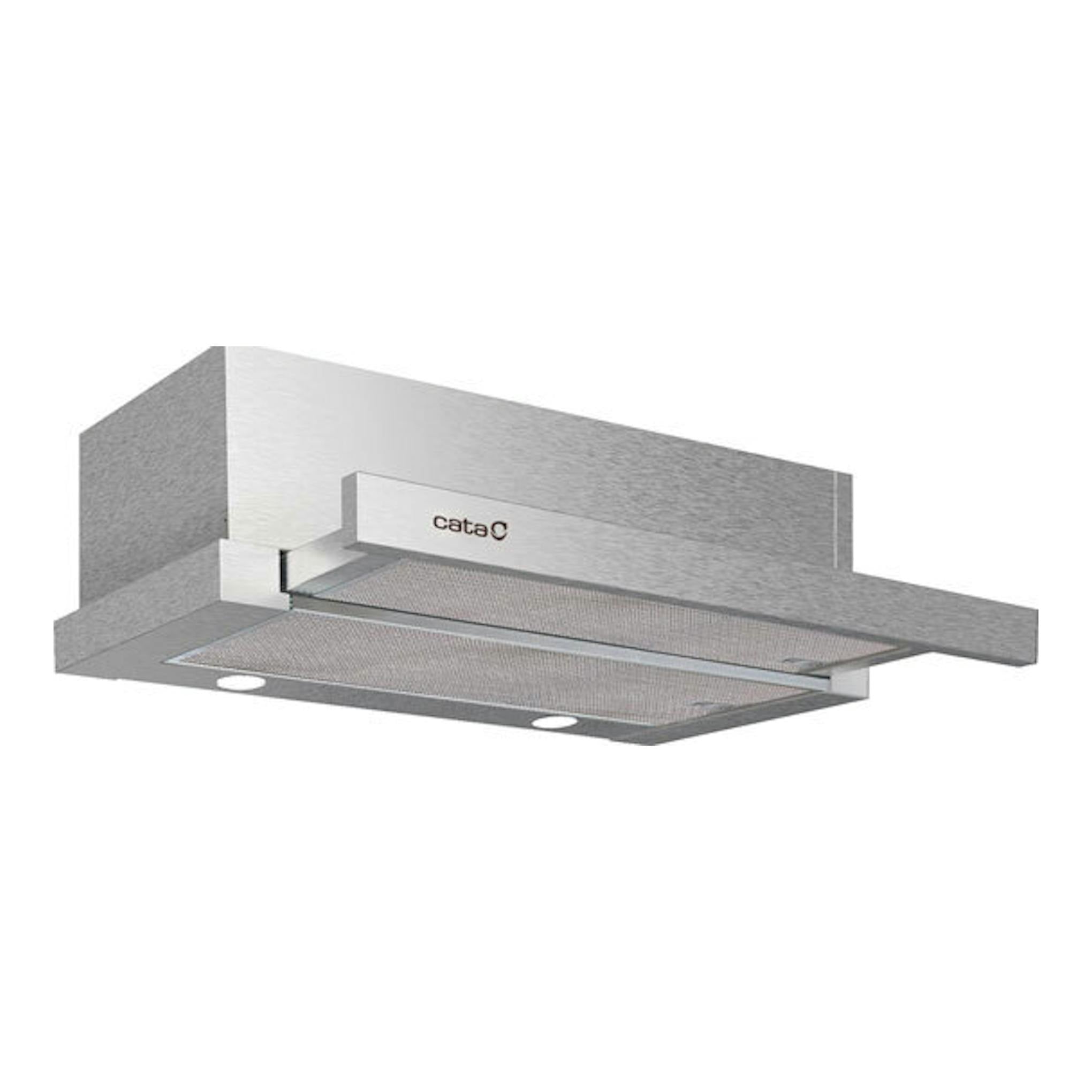 Campana extraíble Cata EXTENDER 600 X en inox, vista en perspectiva frontal inferior.