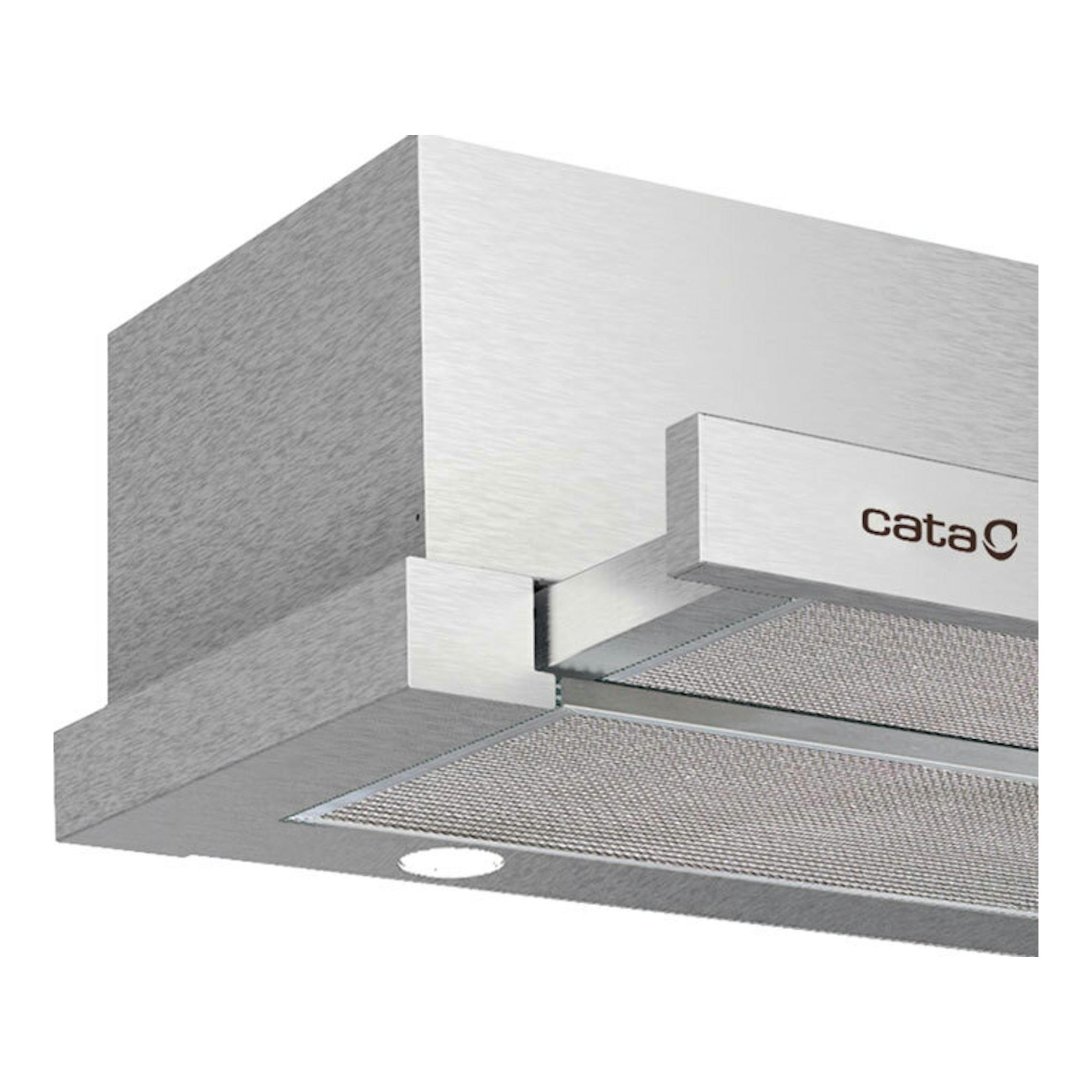 Campana extraíble Cata EXTENDER 600 X Inox, vista en ángulo, en acero inoxidable con filtro metálico.