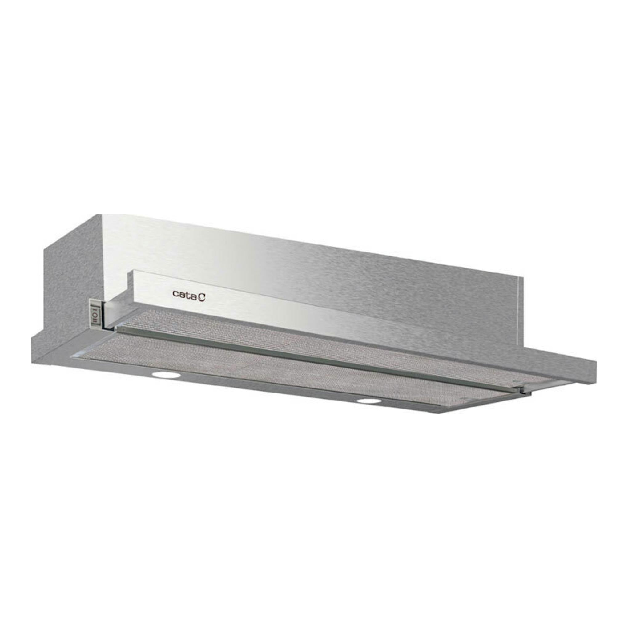 Campana extraíble Cata EXTENDER 900 X Inox, vista frontal e inferior, en acero inoxidable.