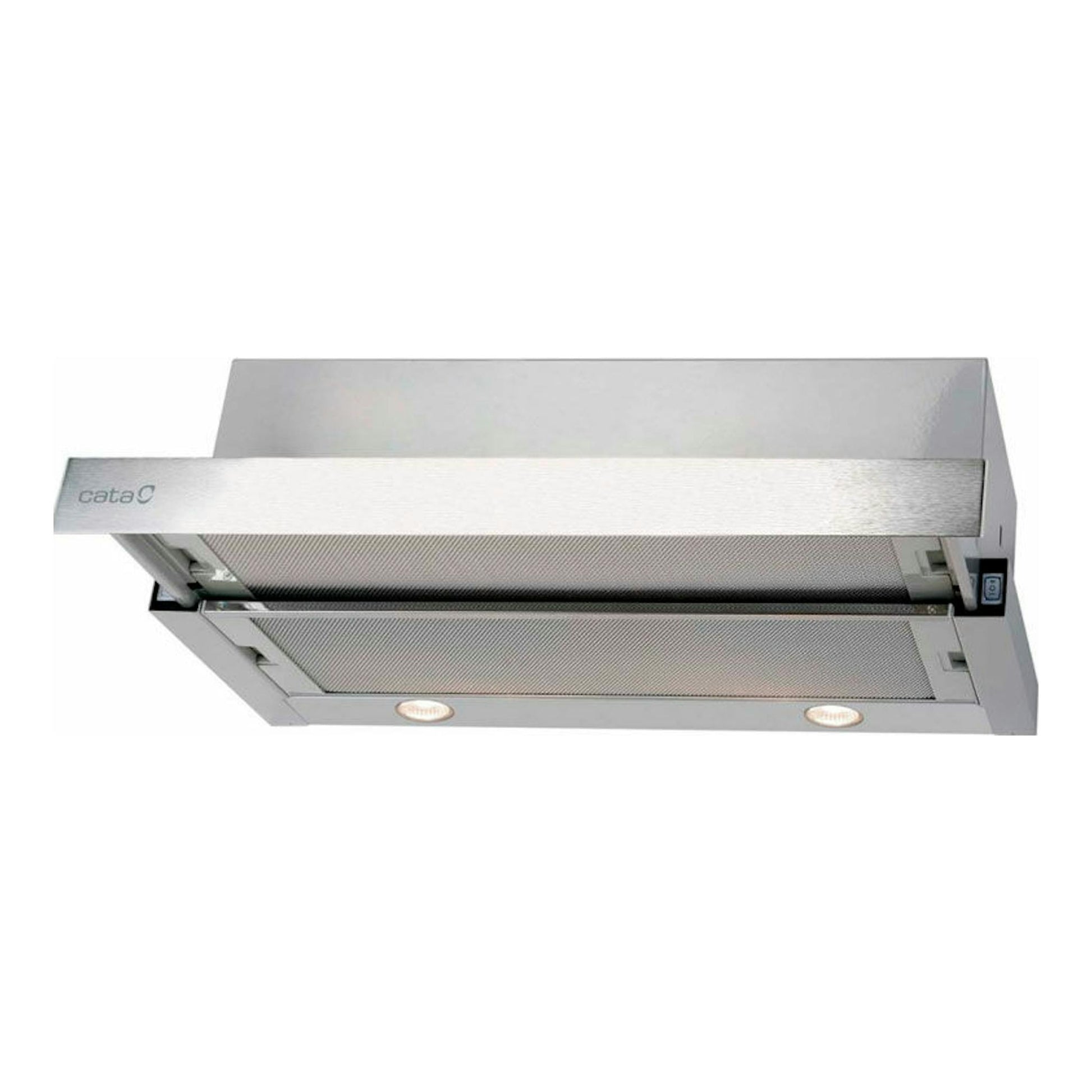 Campana extractora telescópica Cata TF 2003 Duralum 60 inox, vista inferior y frontal en acero plateado.