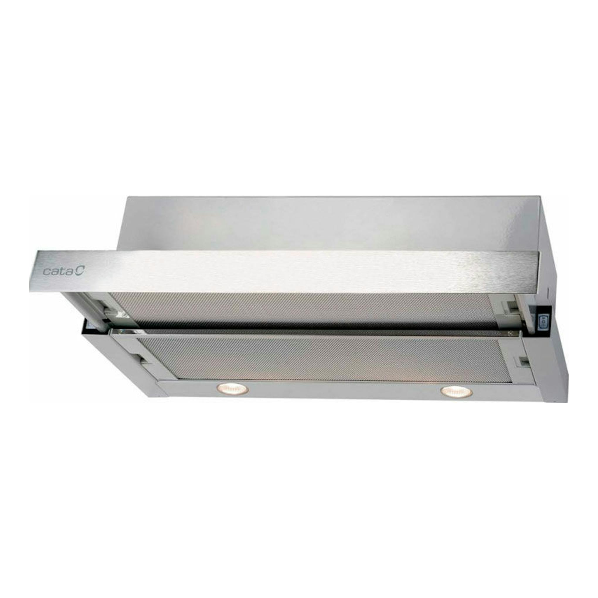 Campana extraíble Cata TF 2003 Duralum 90 Inox, vista inferior frontal, en acero inoxidable.