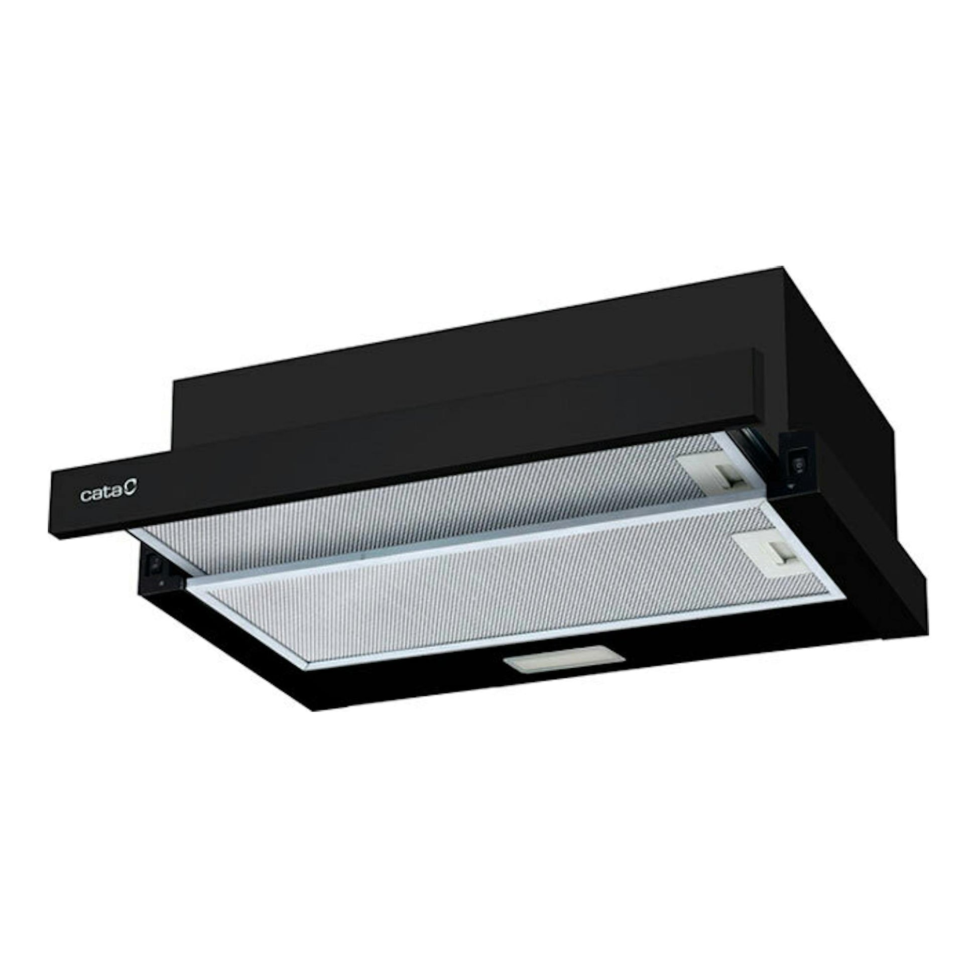 Campana extraíble Cata TFB5160BK negra, vista inferior en ángulo con filtros metálicos.
