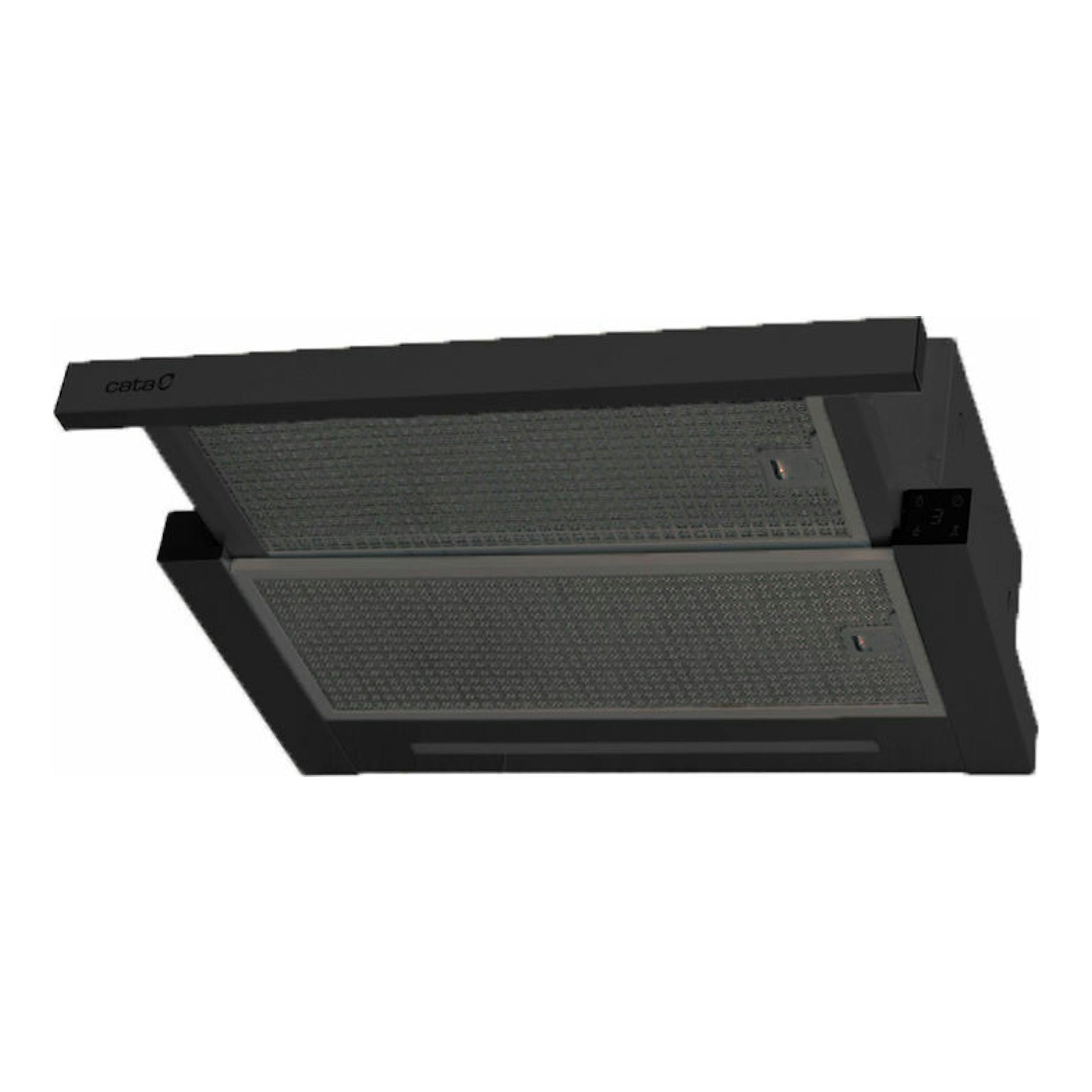 Campana extraíble Cata TFH 6630 BK negra, vista frontal inclinada, con filtros metálicos desplegados.