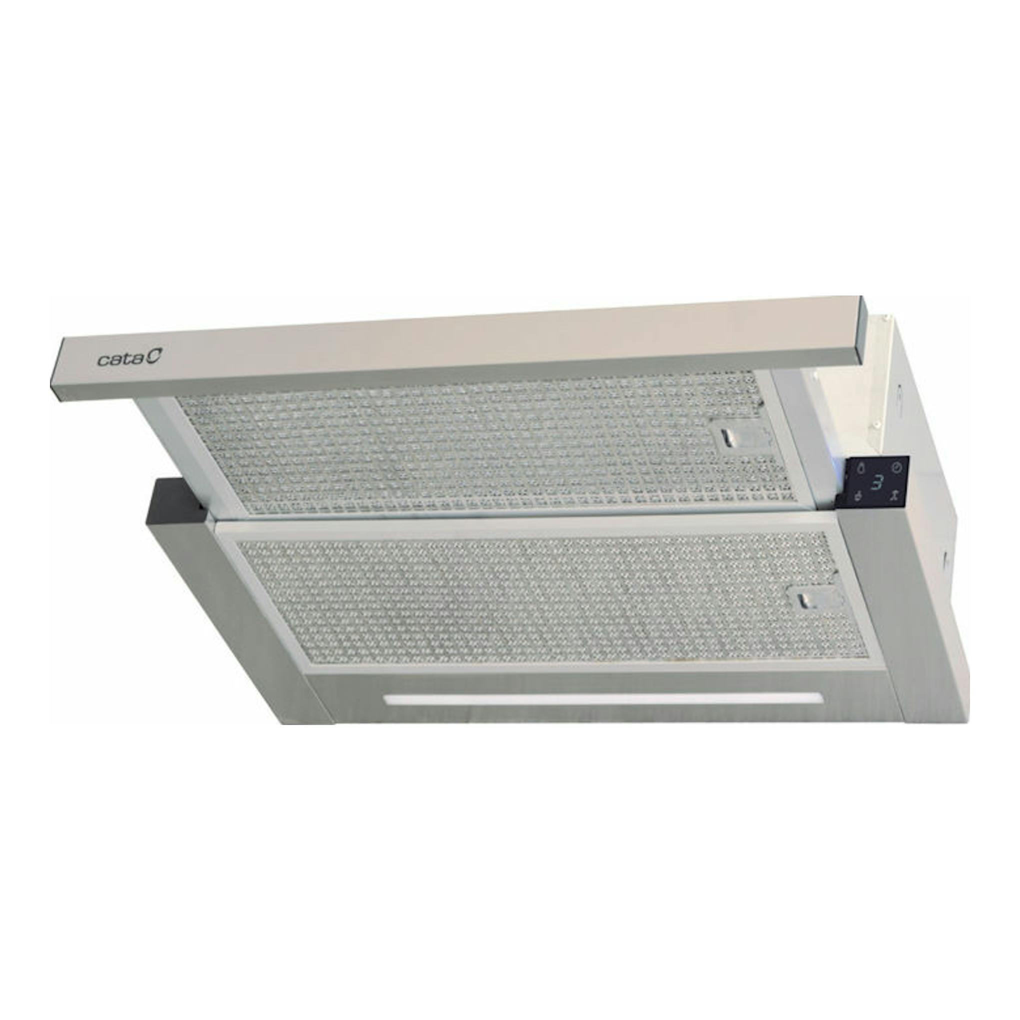 Campana extraíble Cata TFH 6630 X inox, vista inferior en ángulo, acabado metálico con panel de control lateral.