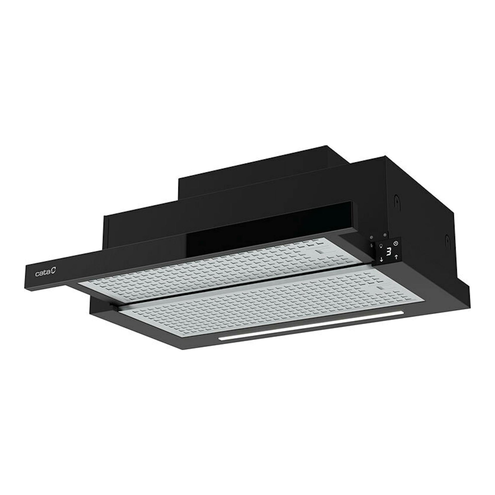 Campana extraíble Cata TFH 6830 GBK negra, vista frontal inferior, con paneles metálicos.