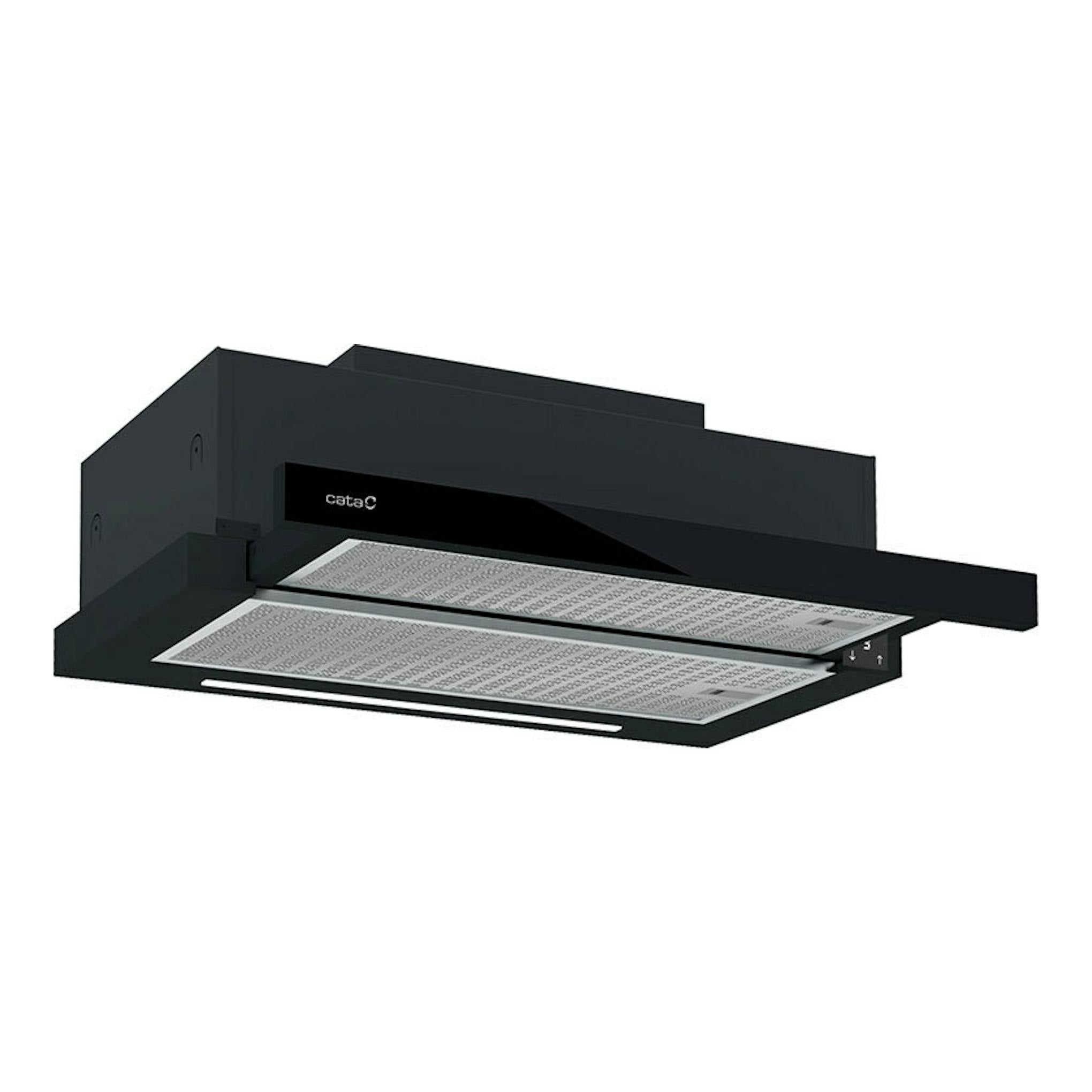 Campana extraíble Cata TFH 6830 GBK negra, vista frontal inferior, con panel extensible y filtros metálicos.