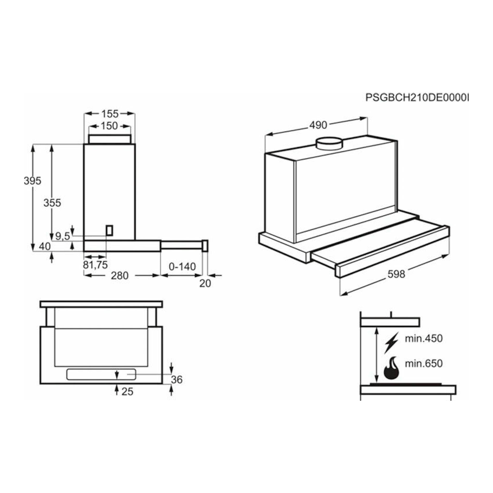 Campana extraíble Electrolux LFP616X inox, dibujo técnico con vistas frontal, lateral e isométrica y medidas.