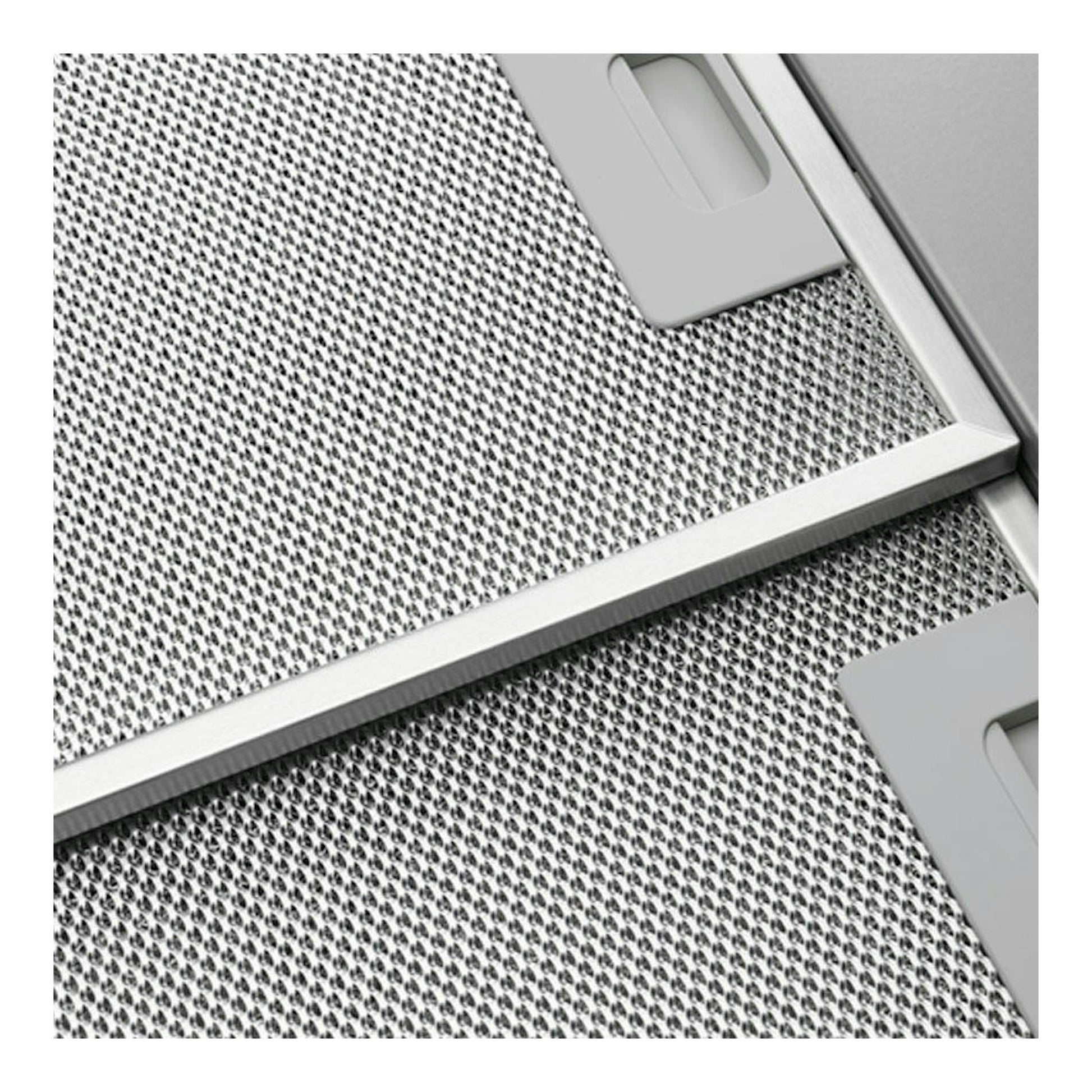 Campana extraíble Electrolux LFP616X en inox, primer plano del filtro metálico y borde diagonal.