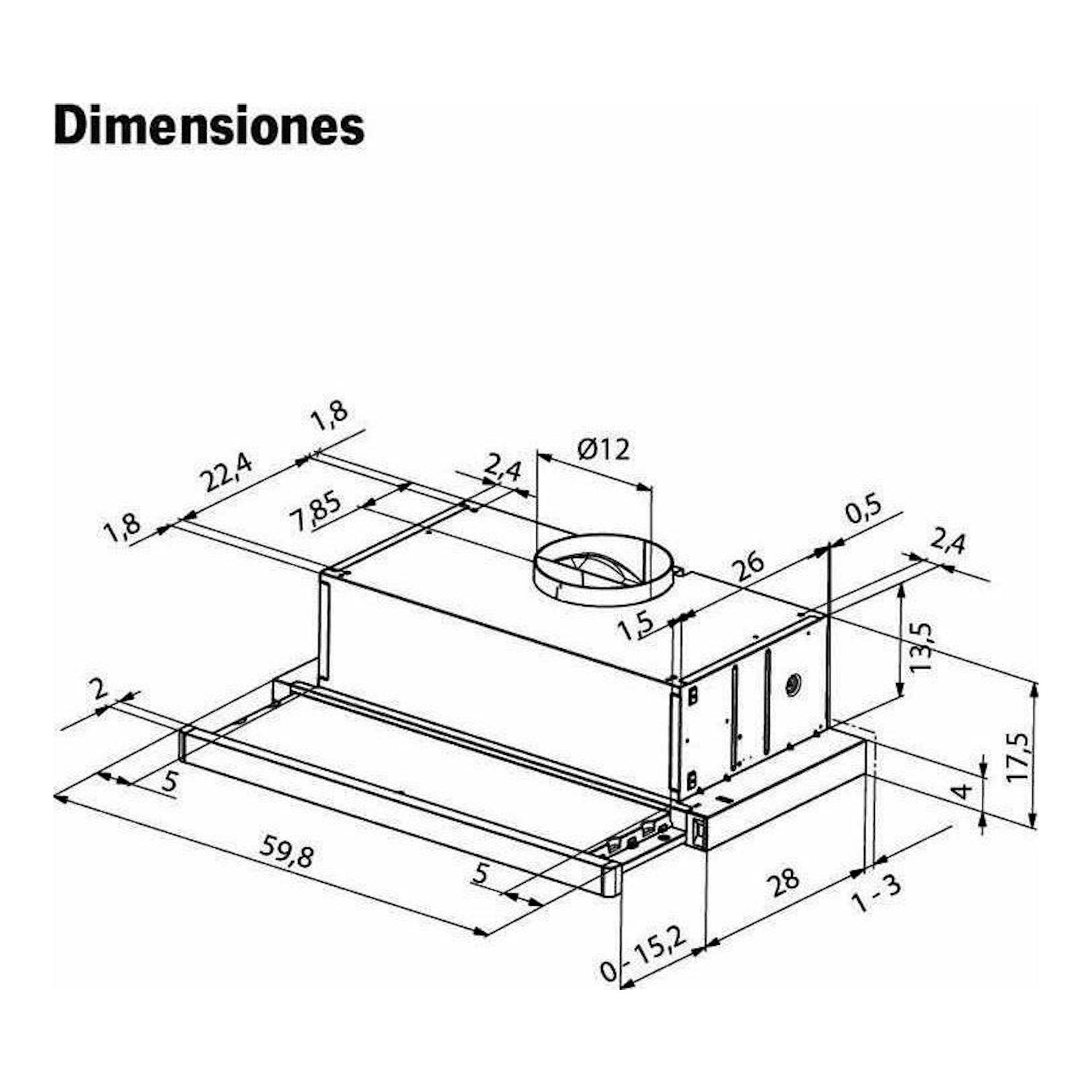 Dibujo técnico en perspectiva de la campana extraíble Mepamsa Ecoline 60 blanca, con medidas.