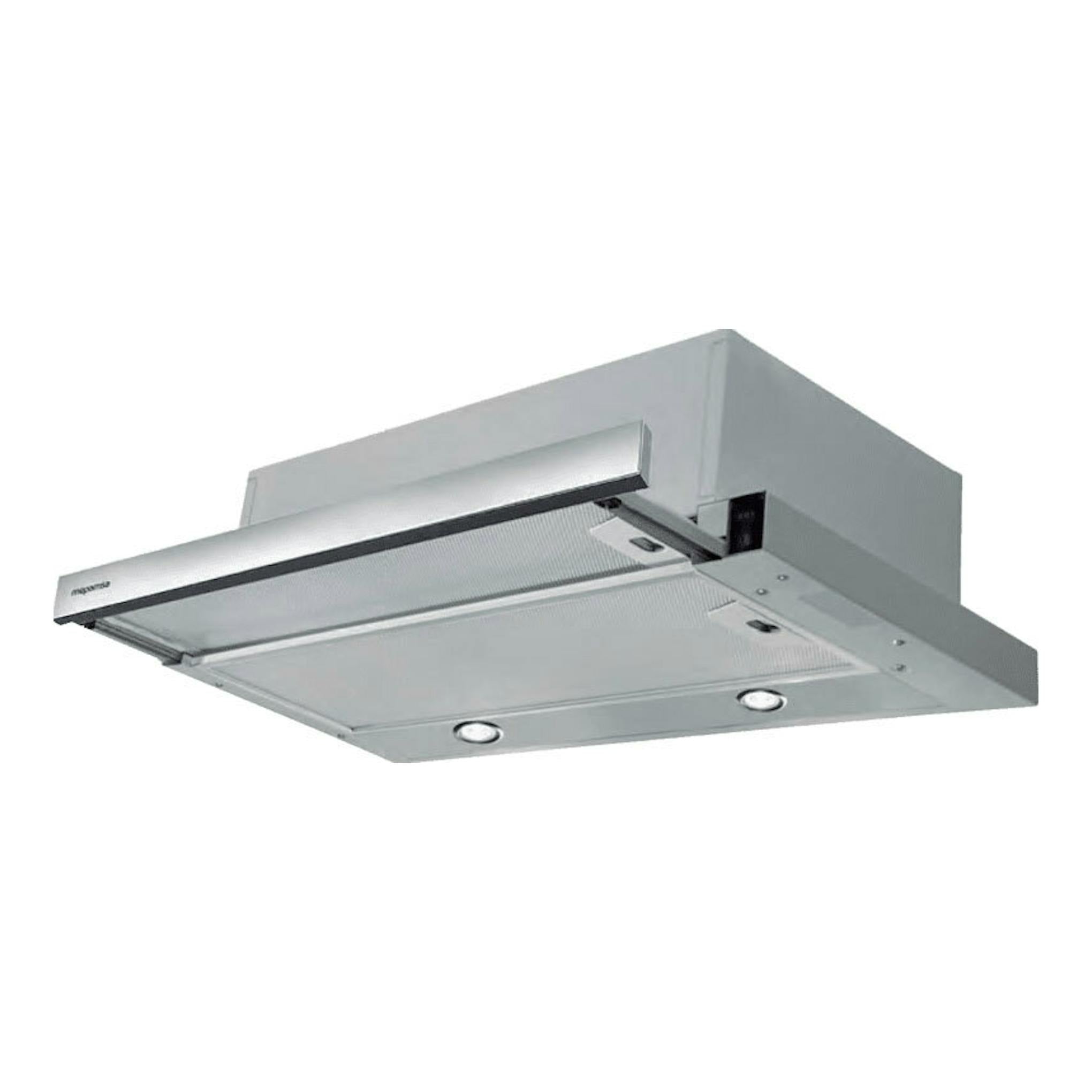 Campana extraíble Mepamsa Ecoline 60 inox, vista inferior y frontal, en acero inoxidable.